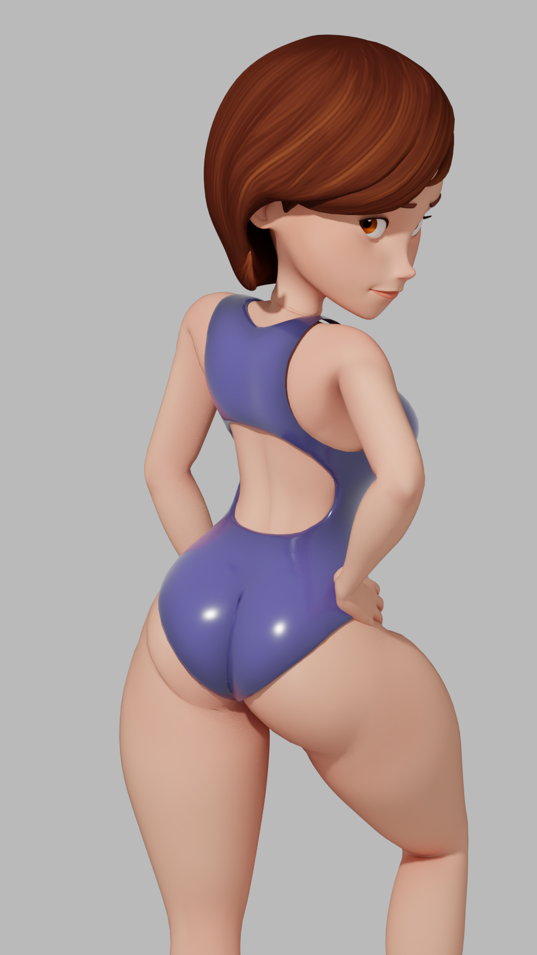 ass, disney, female, helen parr, hip grab, litrak, looking at viewer, looking back, one-piece swimsuit, pixar, smile, smooth skin, swimsuit, the incredibles
