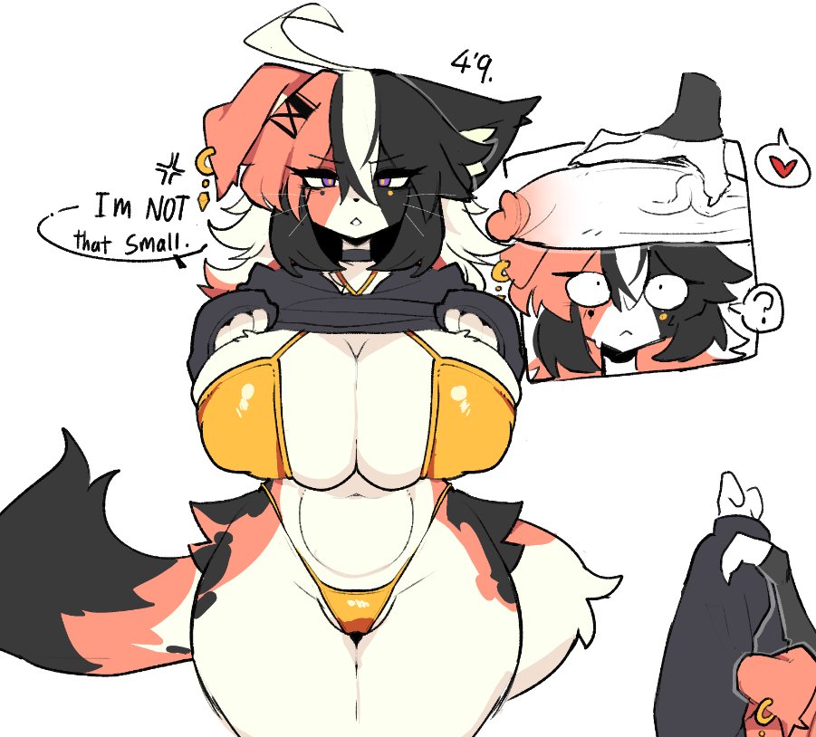 ?, angry, anthro, black fur, black sweater, disembodied penis, felid, felid humanoid, feline, feline humanoid, furry, gold bikini, gold earrings, gold jewelry, imminent sex, looking at viewer, oc, peach fur, penis, penis awe, penis on face, purple eyes, robo (robosylveon), shiyaa stuff, shocked, short female, speech bubble, sweater, sweater lift, text, three-tone fur, white fur