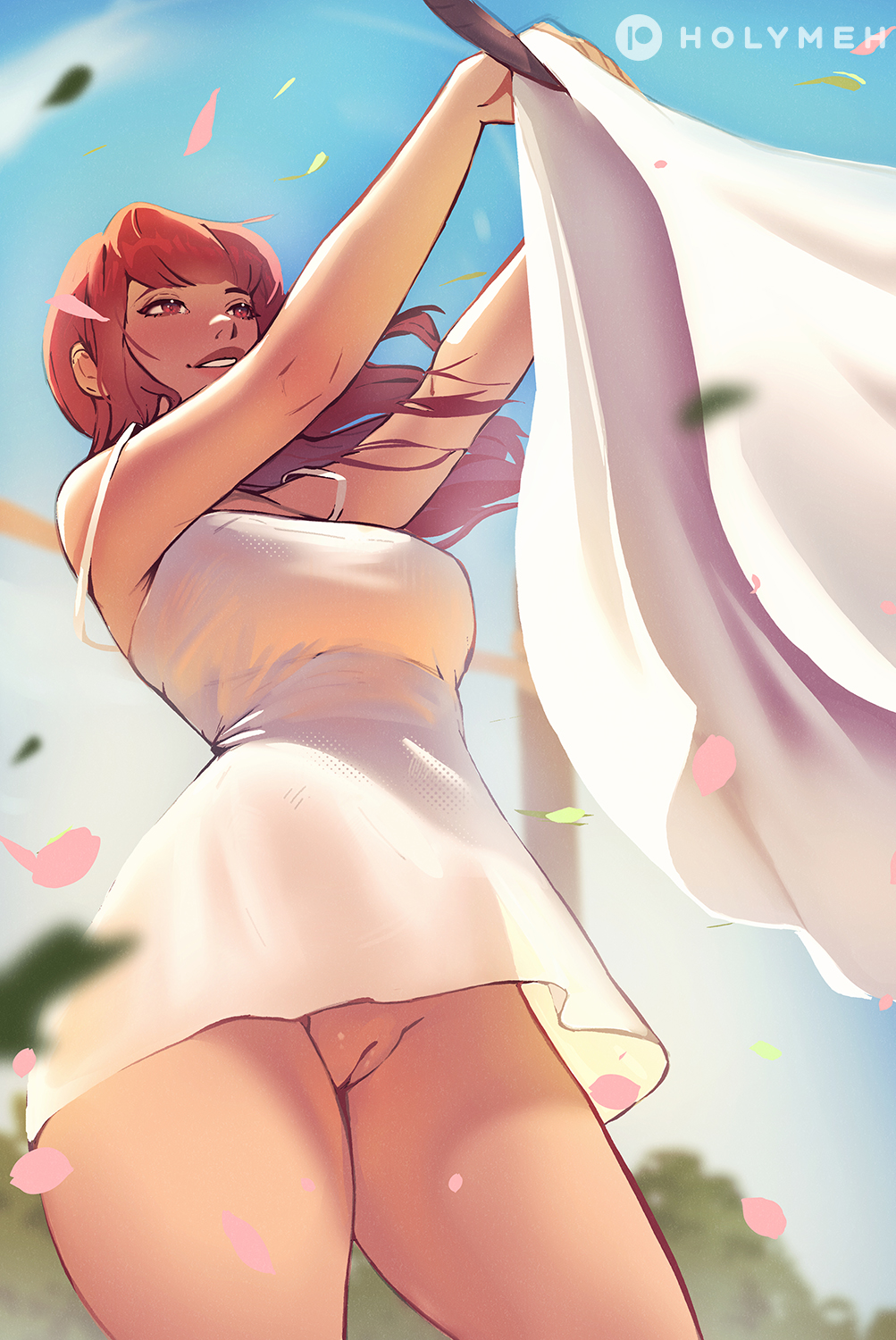 1girls, bottomless skirt, breasts, casual, dress, dress up, female, hips, holy meh, holymeh, lianna (holymeh), no panties, oc, outdoors, pussy, red hair, skirt up, thighs, upskirt