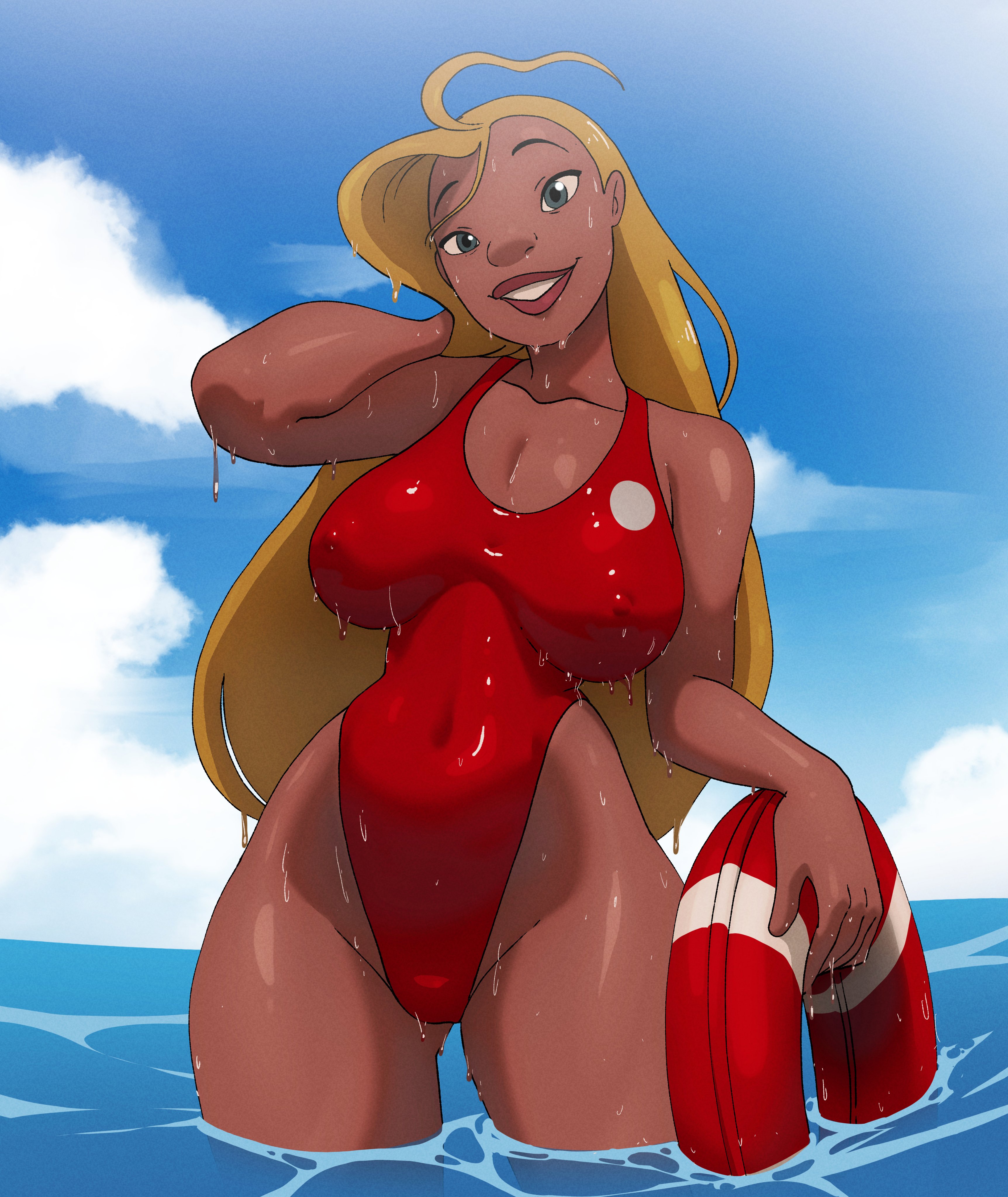 1girls, blue sky, clouds, drpizzaboi1, female, floatie, life preserver, lifeguard, lifeguard (lilo and stitch), lilo and stitch, long hair, looking at viewer, ocean, one piece swimsuit, red swimsuit, sea, smiling, smiling at viewer, swimsuit, tan skin, wet