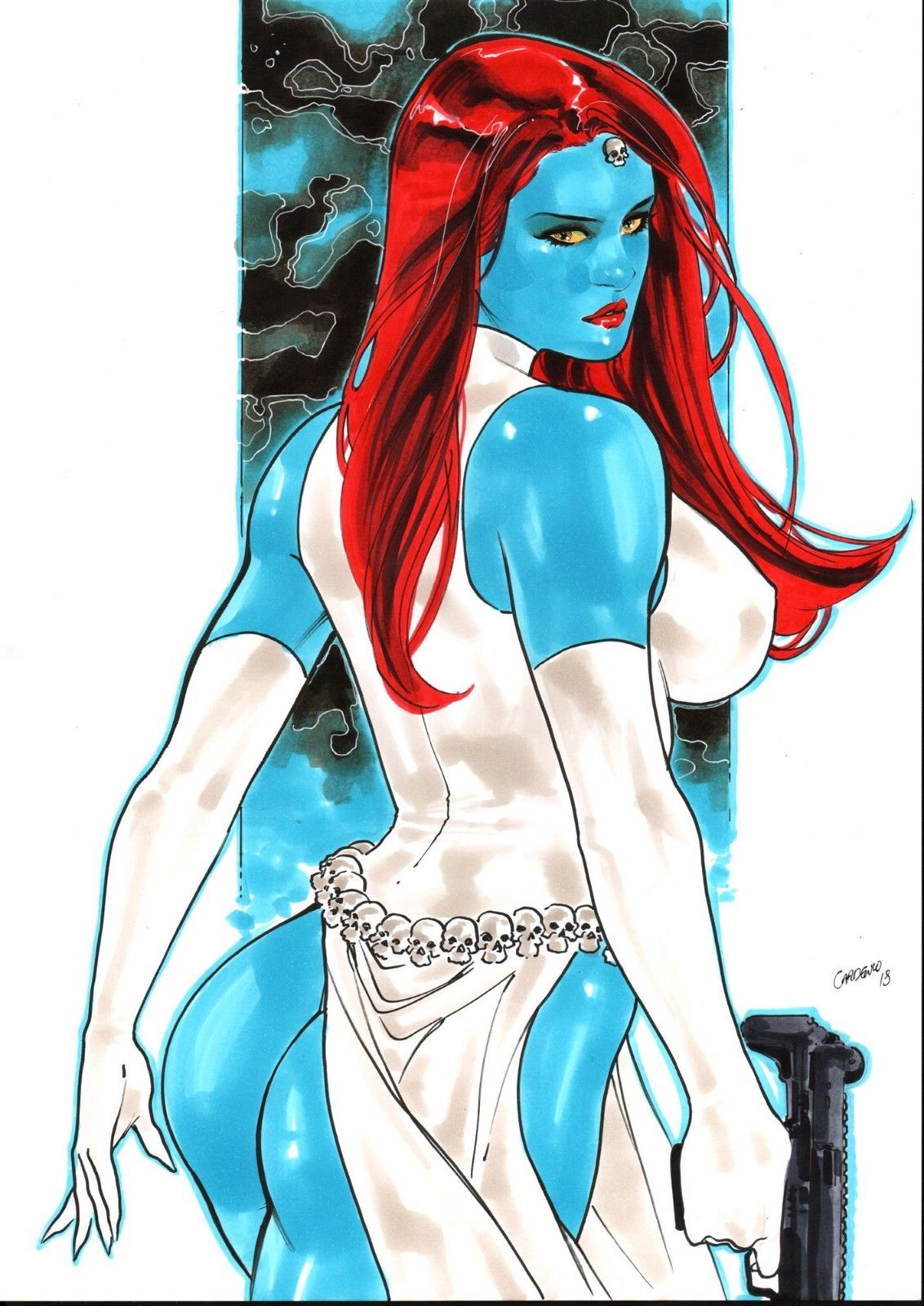 amber_eyes ass big_breasts blue_skin breasts ed_benes_studio exposed_ass gardenio_lima gun long_hair marvel mystique nipples nipples_visible_through_clothing raven_darkholme red_hair skull skull_belt white_clothing x-men yellow_sclera