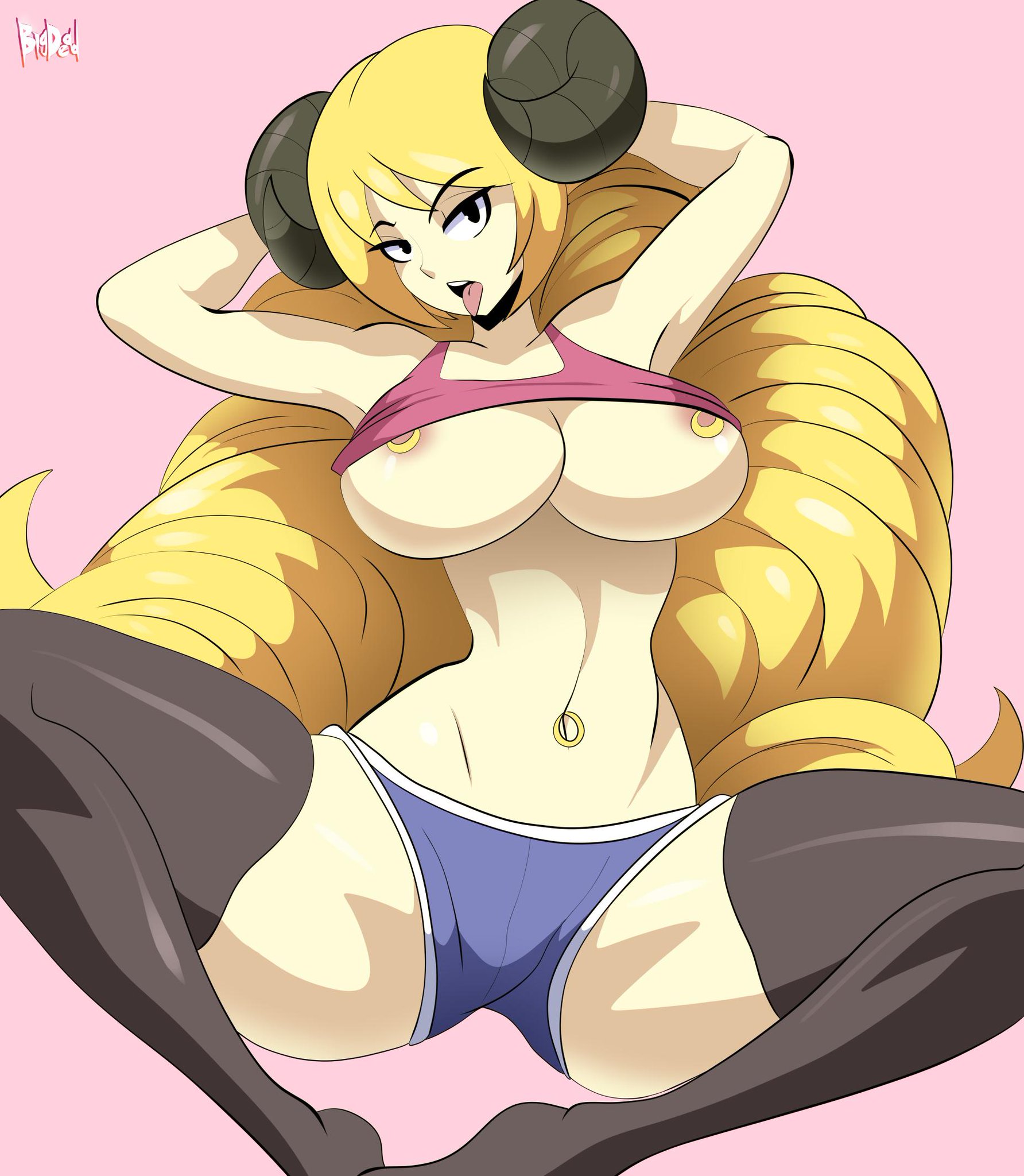 1girls, big breasts, bigdeadalive, blonde hair, breasts, clothing, female, female only, hair, horn, large breasts, long hair, navel ring, nipple rings, nipple slip, open mouth, ring, shirt, shirt up, thighhighs, tongue, tongue out