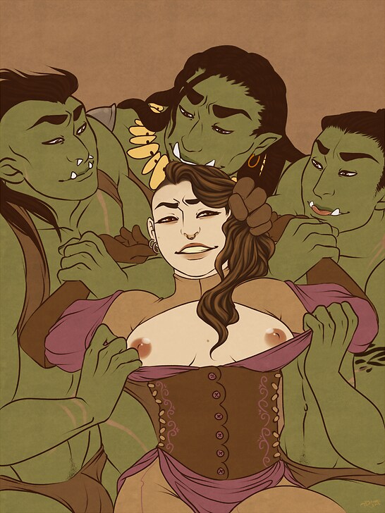 3boys anoki breasts clothes_pull female human human_female light-skinned_female light_skin male male/female multiple_males nose_piercing orc orc_male size_difference