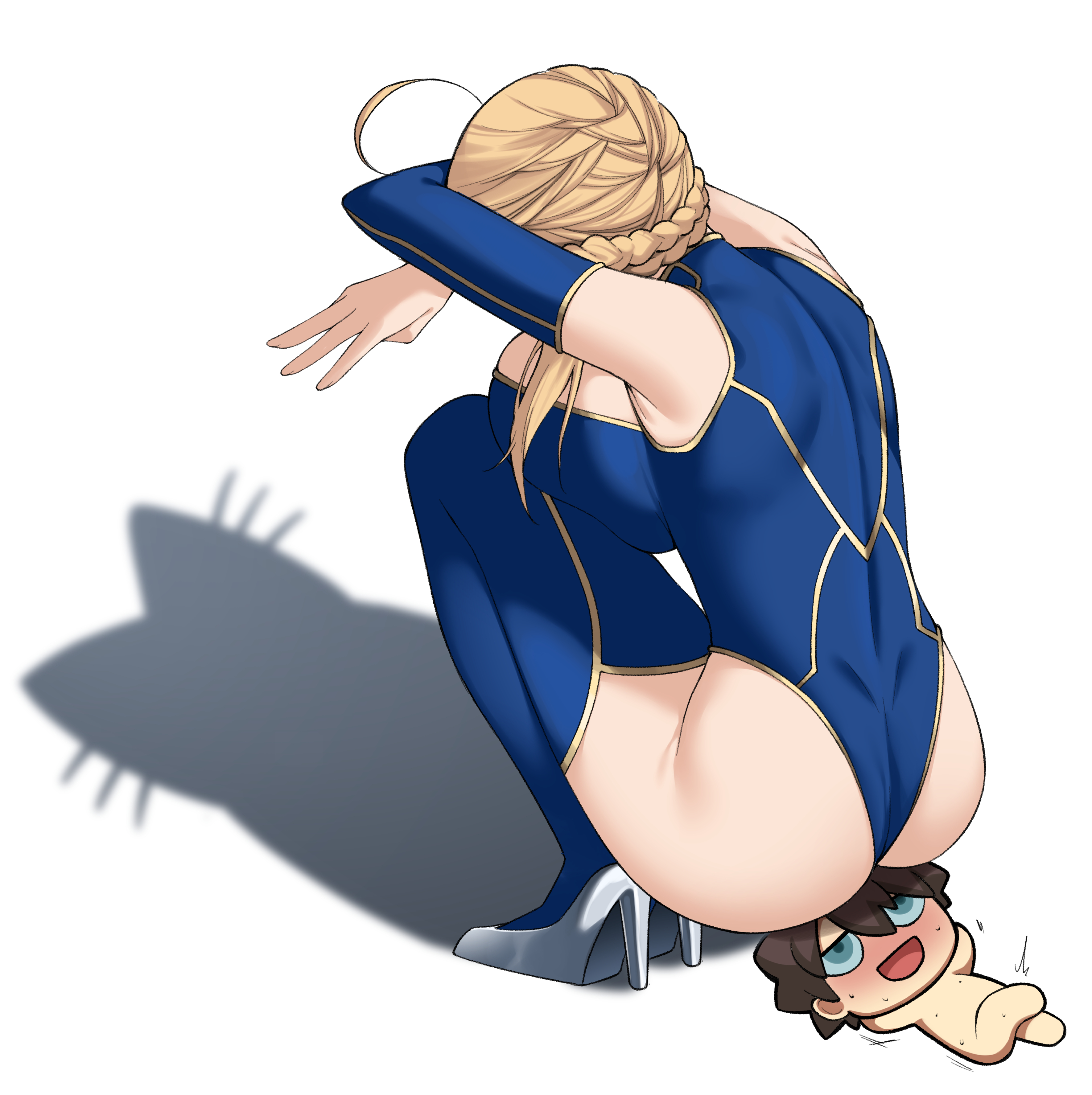 1boy, 1girls, 2025, armwear, artoria pendragon, artoria pendragon (lancer), artoria pendragon (lancer) (fate), ass, ass cleavage, big ass, blonde hair, blonde-haired female, cleavage, digital art, digital drawing, digital media, duo, duo focus, european, european female, fate (series), fate/grand order, female, fujimaru ritsuka (male), high heels, legwear, lewd, light skin, light-skinned female, light-skinned male, male, mature, mature female, mature woman, meme, meme reference, milf, nekosama, nekosama shugyouchuu, revealing, revealing clothes, shadow, simple background, sitting, sitting on face, video game character, video games, white background