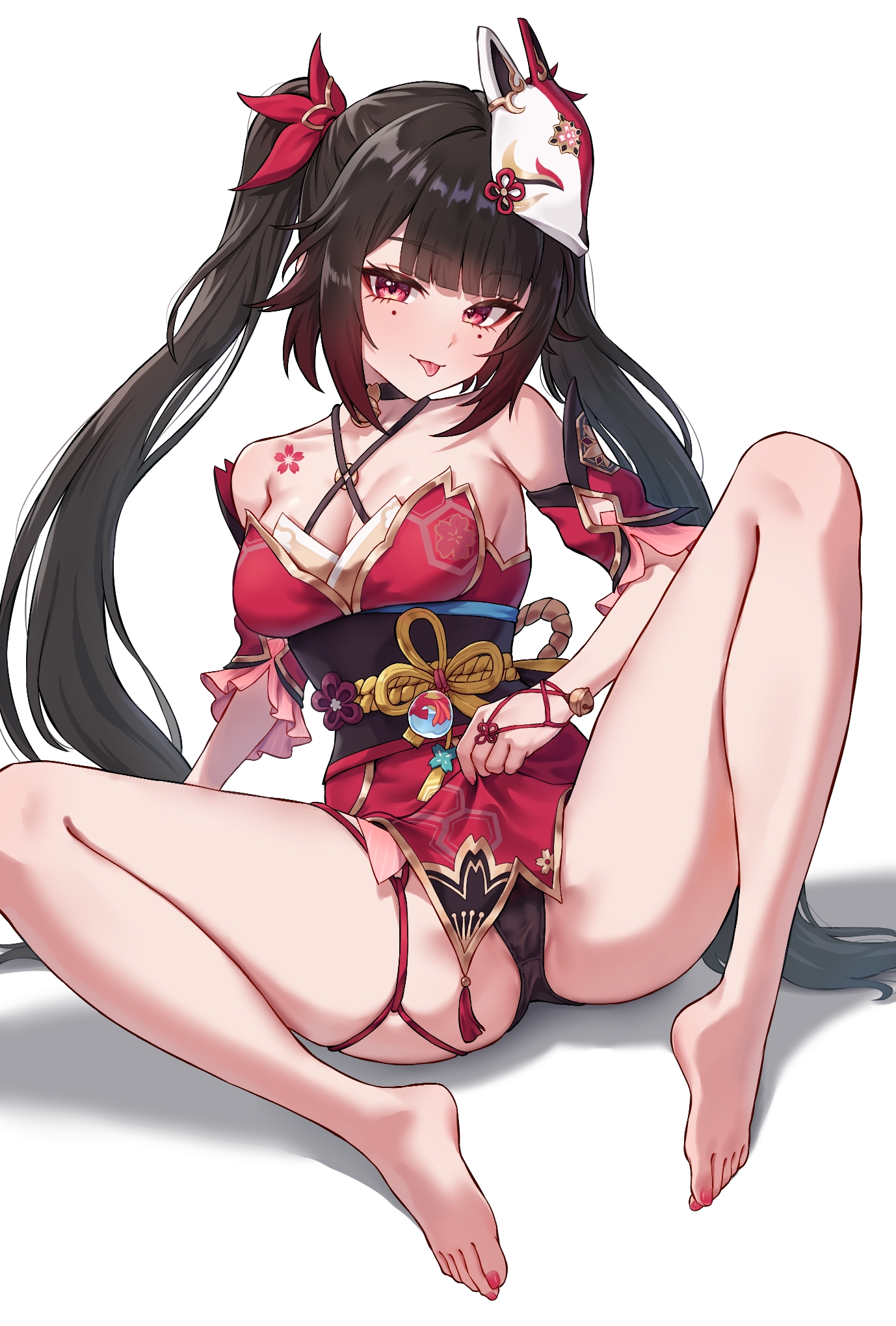 :p, bare shoulders, barefoot, black panties, black sash, blunt bangs, blush, breasts, cameltoe, cleavage, clothes lift, collarbone, detached sleeves, dress, dress lift, female, flower tattoo, fox mask, gold trim, hair ornament, halter dress, halterneck, highres, honkai (series), honkai: star rail, kadokadokado, kadokadokado14, knee up, long hair, looking at viewer, mark under both eyes, mask, mask on head, medium breasts, mole, mole under each eye, mole under eye, multiple moles, nail polish, panties, parted bangs, pussy, red dress, red eyes, red nails, red sleeves, sash, sleeveless, sleeveless dress, solo, sparkle (honkai: star rail), spread legs, tattoo, thighs, toenail polish, toenails, toes, tongue, tongue out, twintails, underwear, white background
