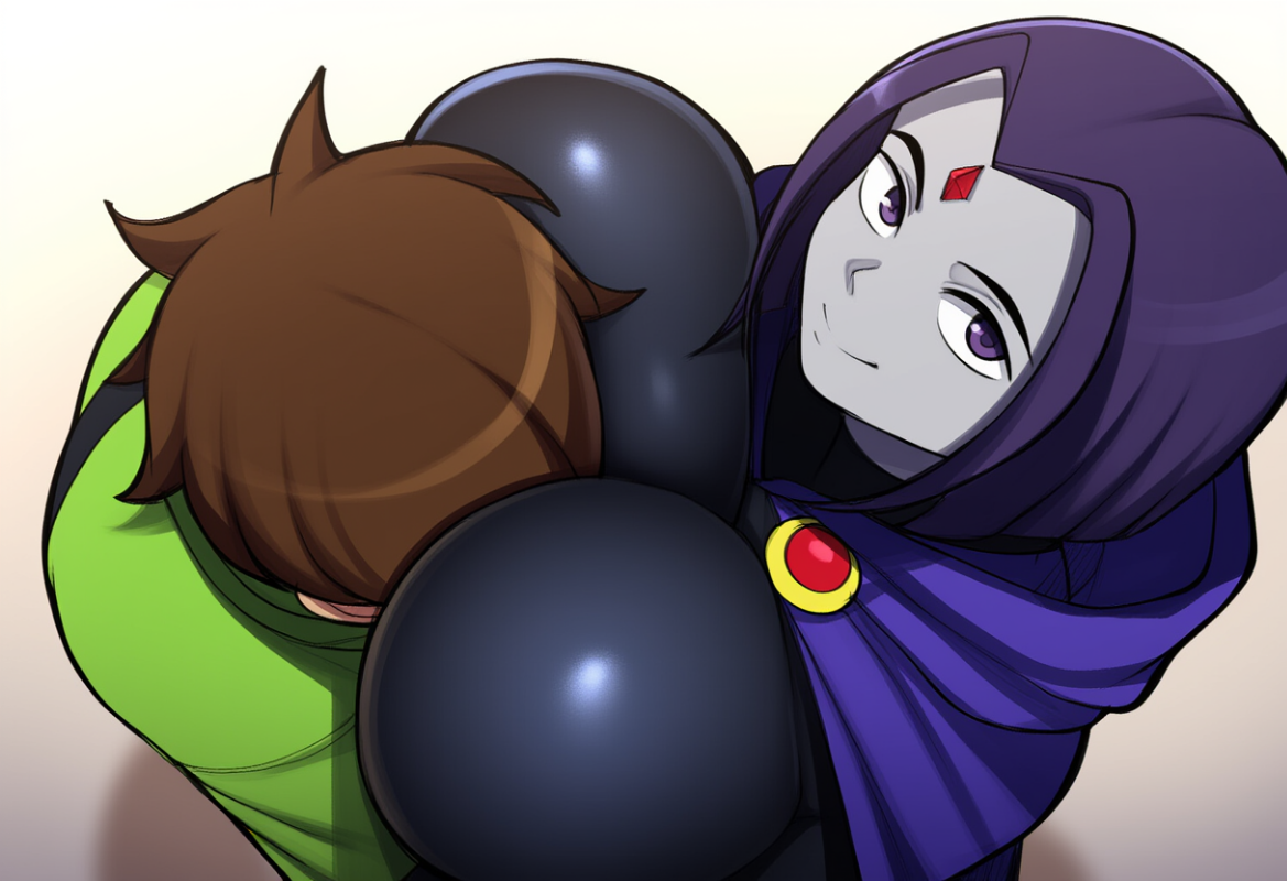 1boy, 1girls, ben 10, ben tennyson, big breasts, breasts, brown hair, clothed female, clothed male, crossover, dc, dc comics, face between breasts, female, gem on forehead, human, male, purple eyes, purple hair, purple-haired female, raven (dc), teen titans, thebenravenagenda