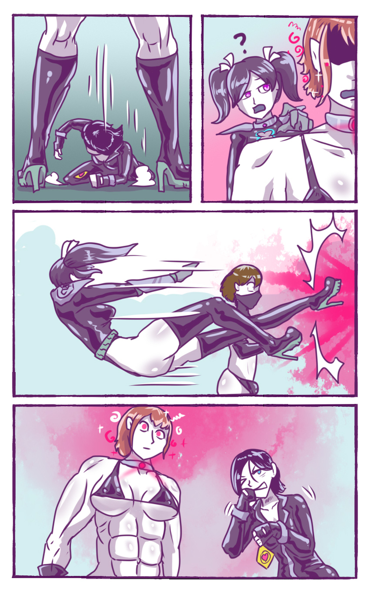 1femboy belly.a.seleme bikini comic female femboy hitting latex male mind_control question_mark smiling tagme