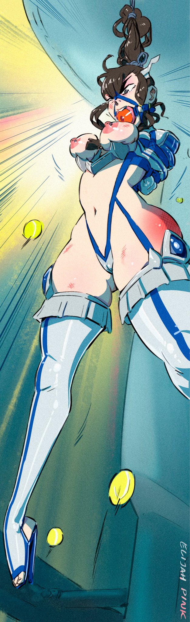 1girls, areolae, arms behind back, ball gag, ballgag, bdsm, black hair, bondage, bound, breast bondage, breasts, cameltoe, cry, crying, crying with eyes open, elijah pink, erect nipples, feet, female, female only, gag, junketsu, kill la kill, kiryuuin satsuki, navel, nipple piercing, nipples, piercing, pussy, red ass, solo, spanked, suspension, tennis ball, thighhighs, tied hair, torture, watermark