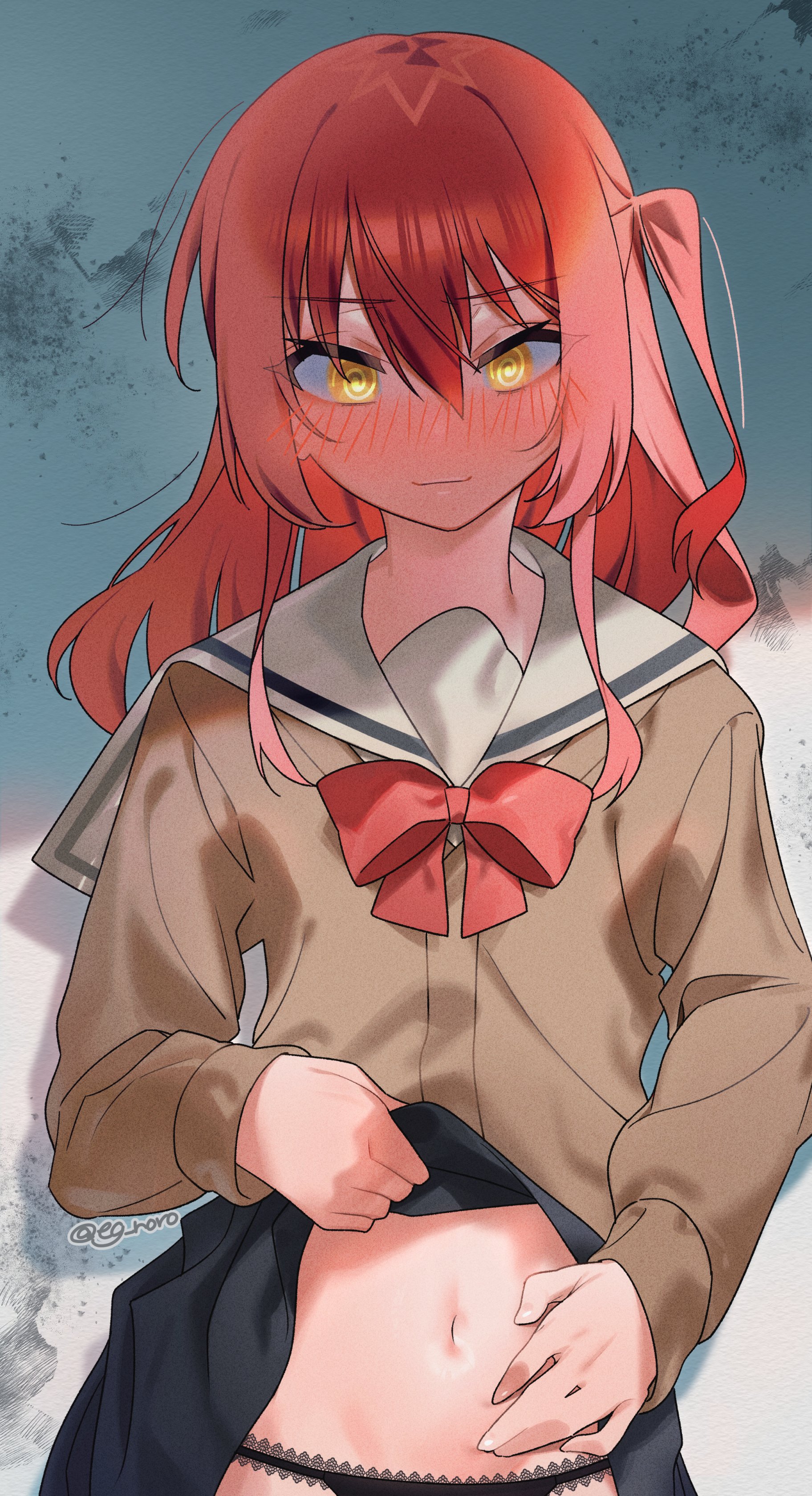 1girls, blush, blushing, bocchi the rock!, embarrassed, embarrassed female, female, kita ikuyo, panties, red hair, school uniform, schoolgirl, showing panties, swirly eyes, teenage female, teenager, tummy, yellow eyes