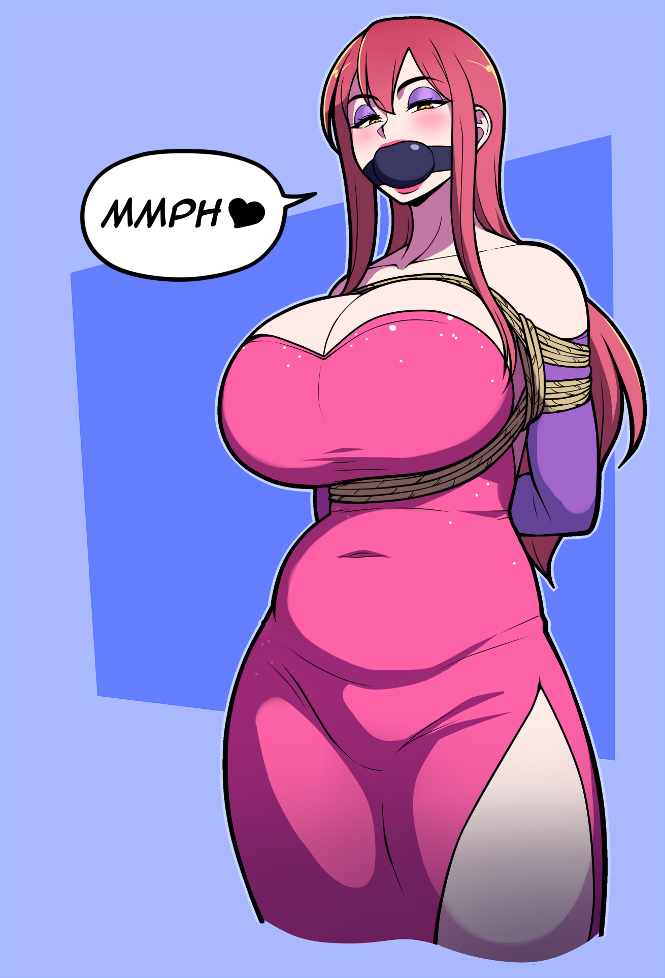 april (jam-orbital), ball gag, bondage, bound arms, breasts, clothed, dress, female, gloves, huge breasts, jam-orbital, jessica rabbit (cosplay), large breasts, long hair, makeup, pink dress, rope, rope harness, tied, tummy bulge, voluptuous female