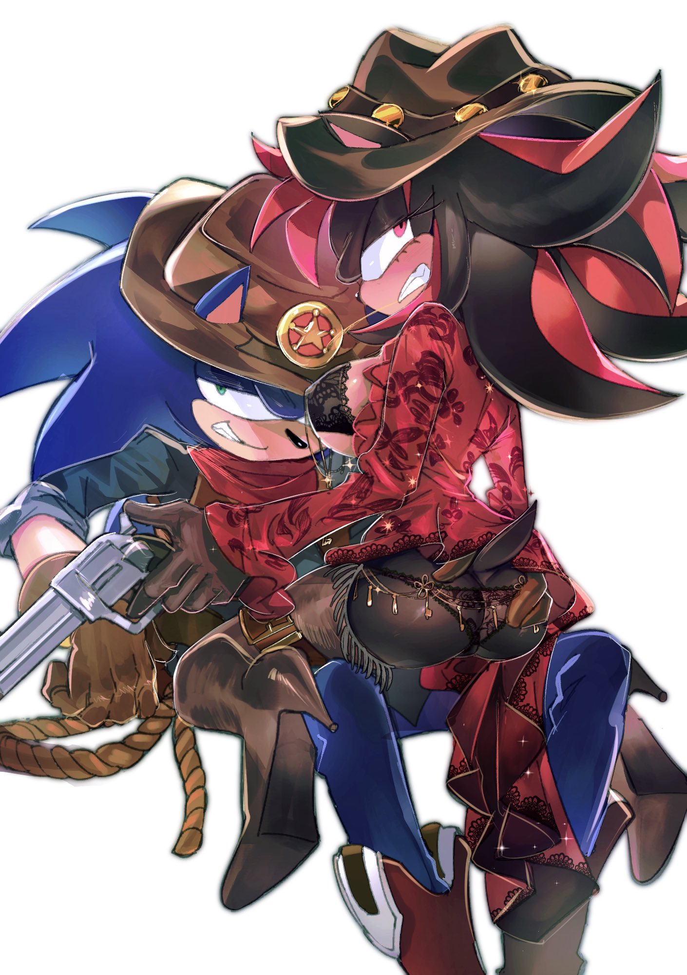 ass, black body, black fur, breasts, cowboy boots, cowboy hat, cowgirl outfit, eulipotyphlan, eyelashes, female, furry, furry female, furry male, genderswap, genderswap (mtf), green eyes, hand on ass, hand on butt, junisnowhere, lace-trimmed bra, lace-trimmed panties, large breasts, male, male/female, nipple bulge, pistol, red eyes, revealing clothes, revolver, rope, rule 63, shade the hedgehog, shadow the hedgehog, sheriff sonic, sitting on lap, sonic (series), sonic the hedgehog, sonic the hedgehog (series), wheat in mouth