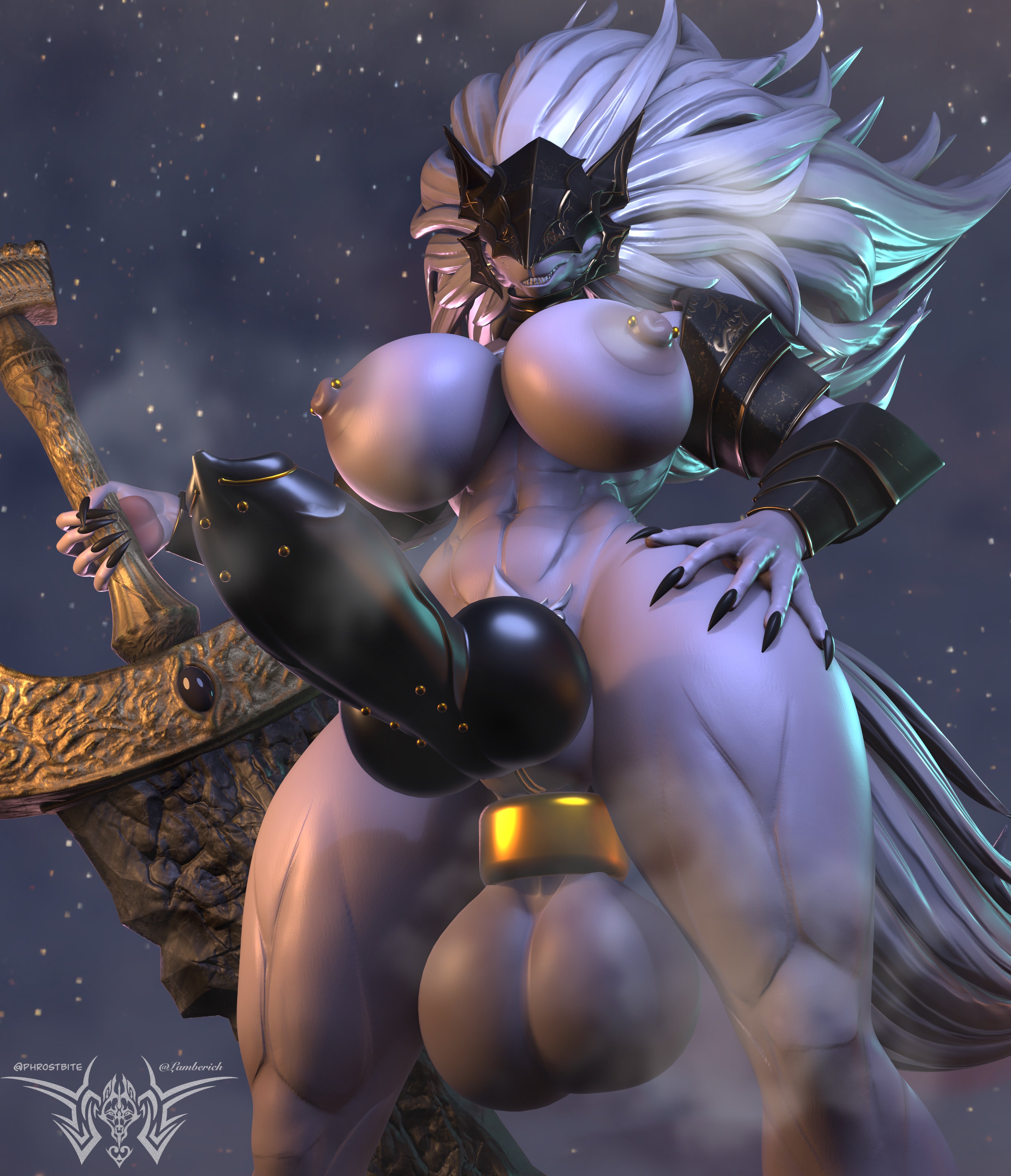 1futa, 3d, 3d model, absurd res, armour, armwear, athletic anthro, athletic futa, balls, big balls, big breasts, black nails, black penis, breasts, canid, canine, canine penis, canis, covered eyes, crossgender, elden ring, fromsoftware, furry, futa only, futanari, genderswap, genderswap (mtf), hair, hand on hip, hand on weapon, handwear, headgear, helmet, hi res, intersex, large penis, long hair, long tail, looking at viewer, maliketh (elden ring), maliketh the black blade, mammal, melee weapon, mischievous smile, muscular, muscular abdomen, muscular abs, muscular anthro, muscular futa, muscular thighs, musk, musk clouds, nipple piercing, nipples, penis, penis piercing, phrostbite, piercing, rule 63, sharp fingernails, solo, sword, tail, thick thighs, weapon, white body, white hair, wolf