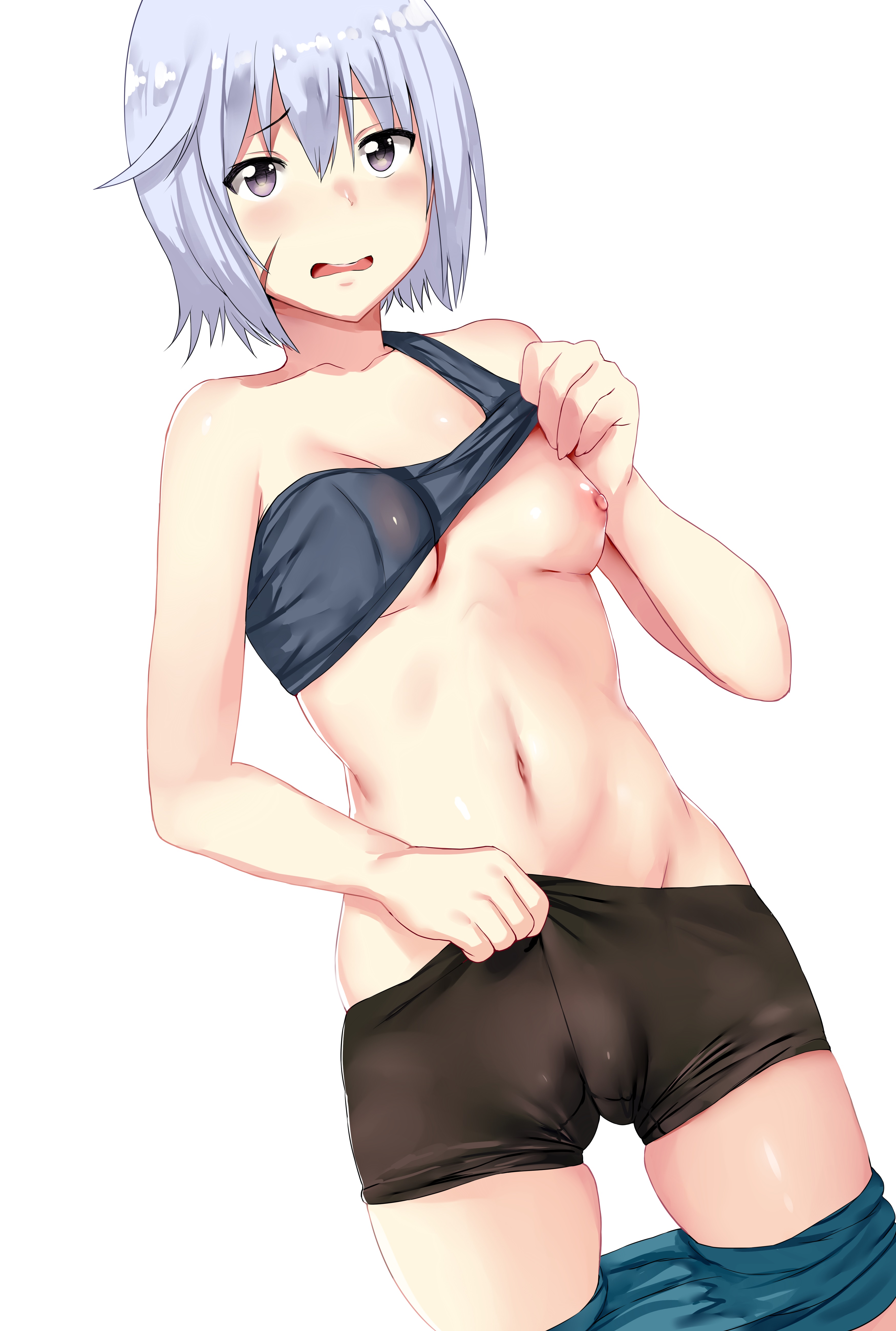 1girls, absurdres, areolae, bangs, bare arms, bare shoulders, bike shorts, blush, breasts, cameltoe, chris (konosuba), collarbone, eyebrows visible through hair, facial scar, female, female only, groin, hair between eyes, hews hack, highres, kono subarashii sekai ni shukufuku wo!, lavender hair, lifted by self, looking at viewer, midriff, navel, nipples, one breast out, open mouth, paid reward, patreon reward, pulled by self, purple eyes, pussy, scar, scar on cheek, shiny, shiny skin, shirt lift, short hair, shorts, shorts pull, silver hair, sleeveless, small breasts, solo, sports bra, standing, stomach, teeth