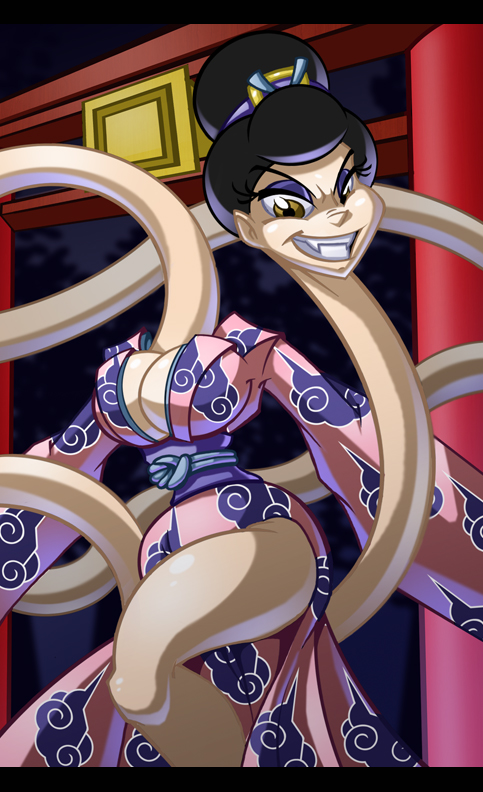 black_hair brown_eyes chadrocco evil_smile female hairbun halloween japanese_mythology kimono large_breasts long_neck monster monster_girl mythology rokurokubi sharp_teeth smile smirk solo very_long_neck voluptuous