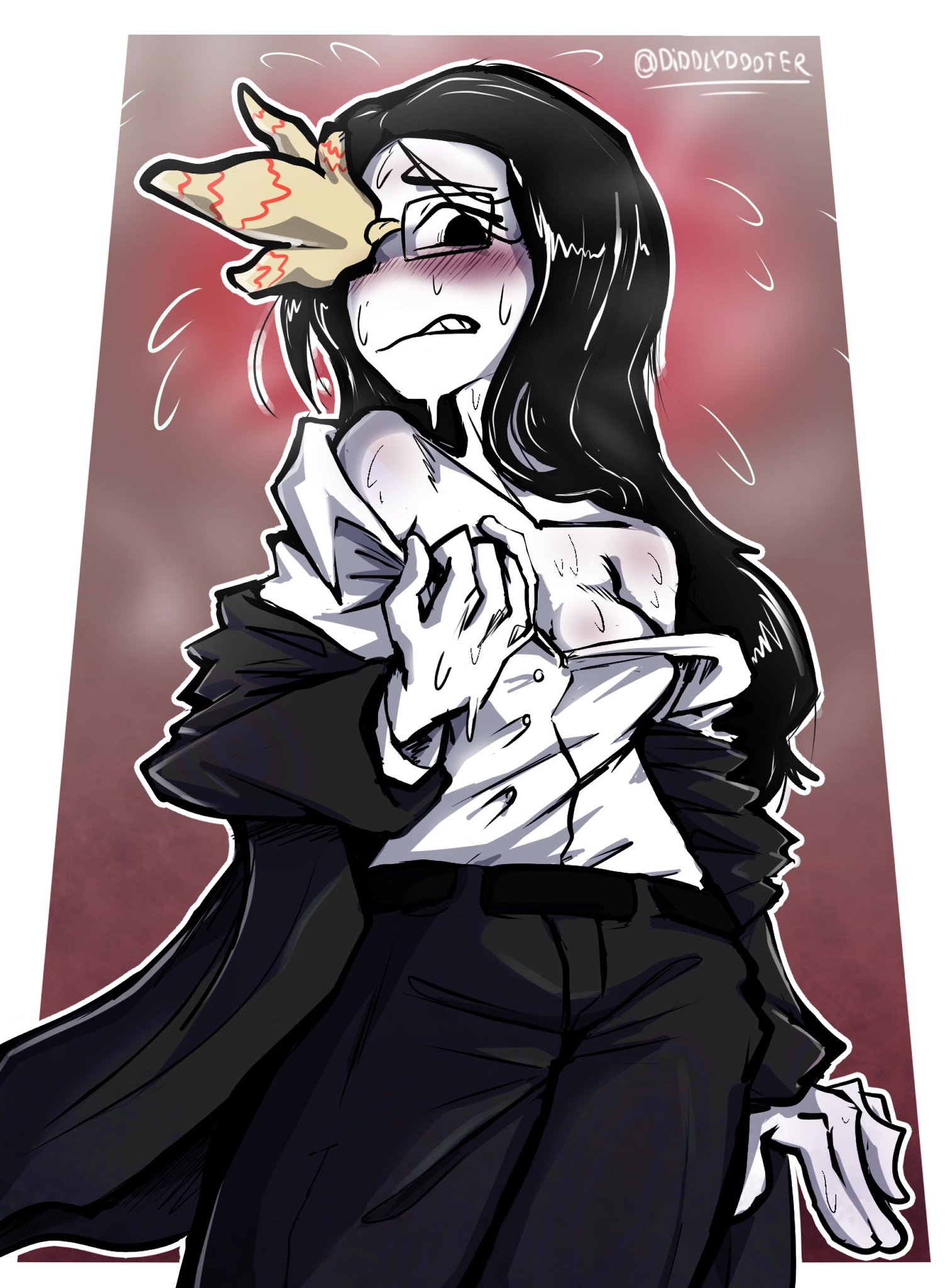 black hair, breasts, coral glasses, diddlydooter1, dinkdiddly, dream bbq, ena (series), female, looking at viewer, office clothing, office lady, undressing