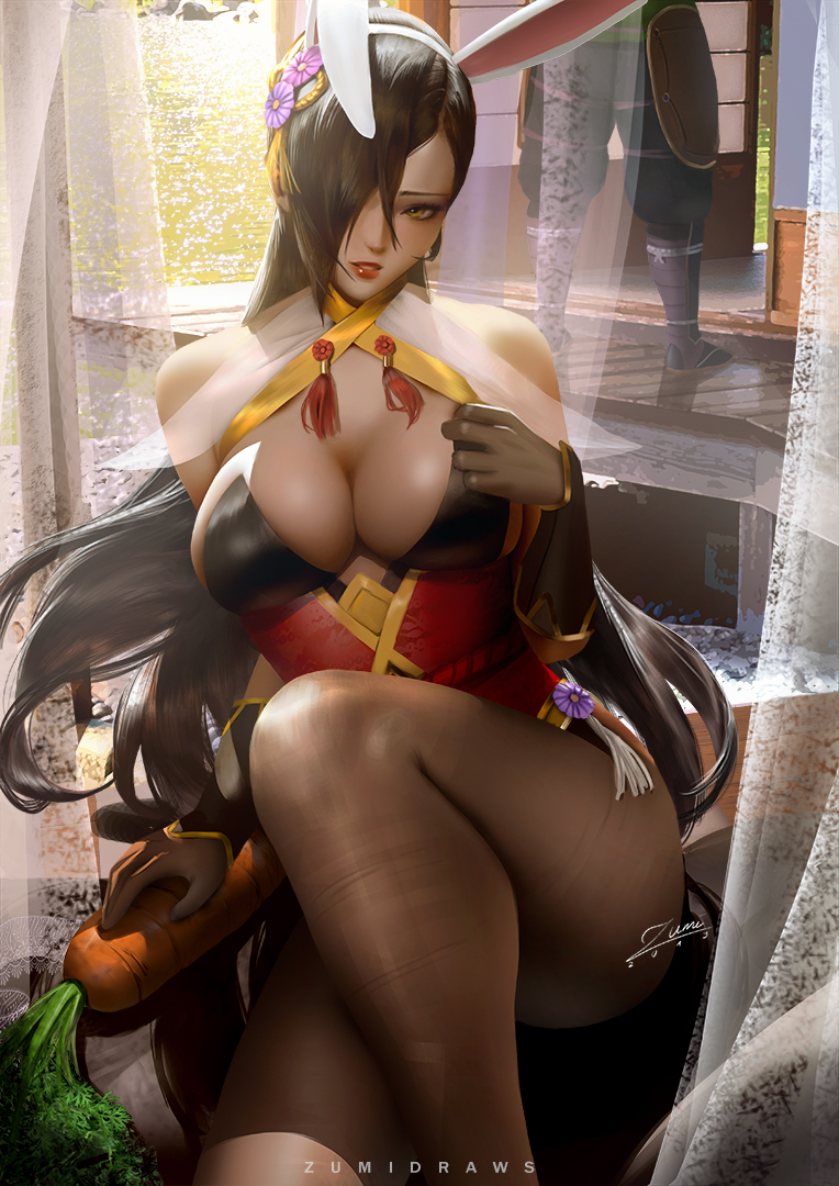 1girls big_breasts breasts bunny_ears bunny_girl cleavage female female_only fire_emblem fire_emblem_fates fire_emblem_heroes food kagero_(fire_emblem) kagero_(spring)_(fire_emblem) large_breasts lipstick solo thick_thighs zumi