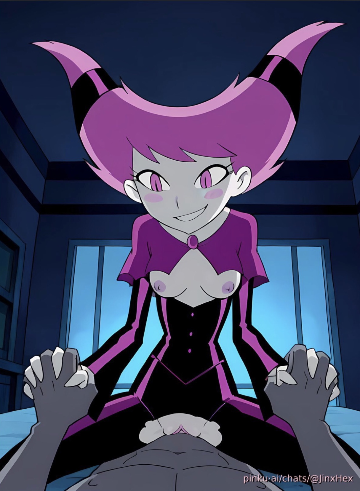 1boy, 1girls, ai generated, blush, breasts, cowgirl position, dc, dc comics, female, happy sex, holding hands, jinx (dc), male, partial male, partially clothed, povlust, sex, small breasts, smile, teen titans