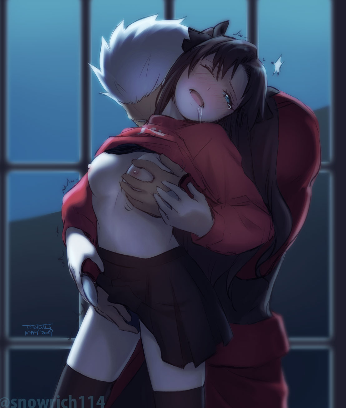 1boy archer_(fate) black_hair black_legwear blue_eyes blush breast_grab breasts drool fate/stay_night fate_(series) female hair_ribbon highres necking nuzzling open_mouth red_shirt ribbon shirt_lift short_hair straight tears thighhighs tohsaka_rin toyoyuki white_hair