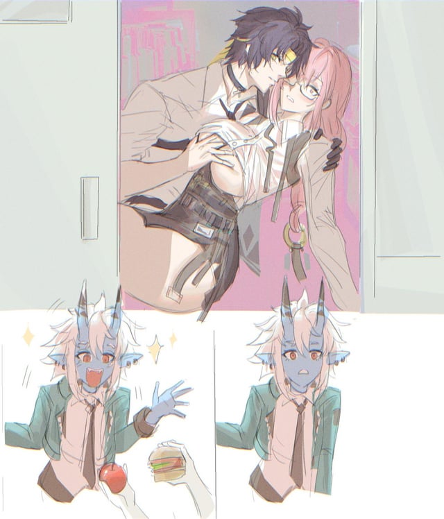 1boy, 2girls, apple, arm around partner, asaba harumasa, ass, big ass, big breasts, big smile, black hair, blue oni, blush, breasts, bribe, burger, buttons, caught, choker, comic, confusion, door, ear piercing, female, food, giving food, glasses, grabbing both breasts, groping, groping breasts, hair ornament, hand on shoulder, happy, headband, horns, hoyoverse, jacket, long hair, looking at another, male, male/female, multiple girls, nametag, one hand on breast, oni, pink eyes, pink hair, pointy ears, red eyes, sakuraba coharu, short hair, skirt, sliding doors, smile, soukaku (zenless zone zero), sparkles, straight, thighs, tie, tsukishiro yanagi, underboob, walked in on, white hair, yellow eyes, zenless zone zero