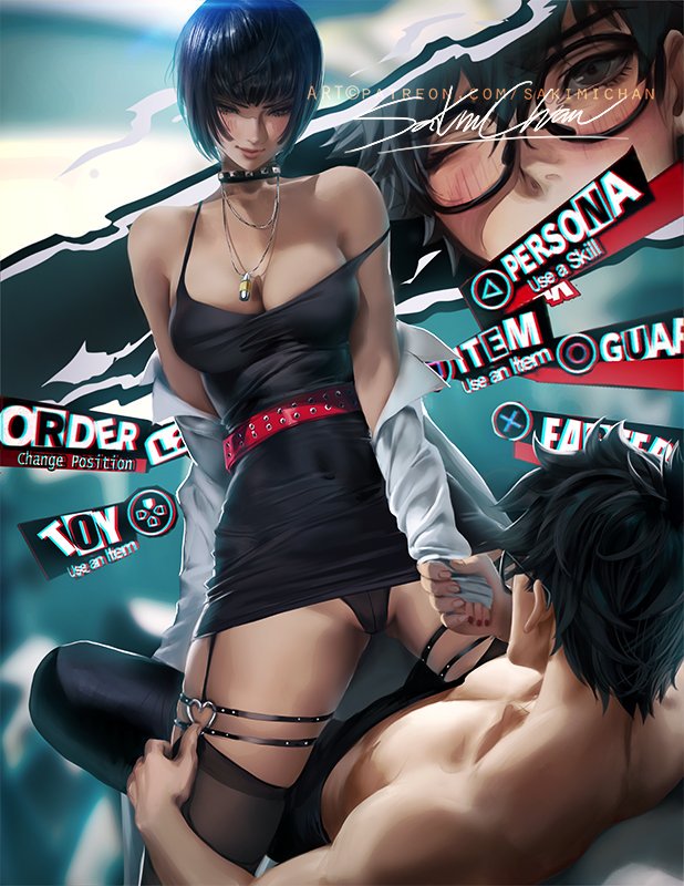1boy, 1girls, atlus, breasts, cleavage, female, hand on thigh, joker (persona), male, megami tensei, persona, persona 5, ren amamiya, sakimichan, shin megami tensei, tae takemi, tagme, thighhighs, thighs