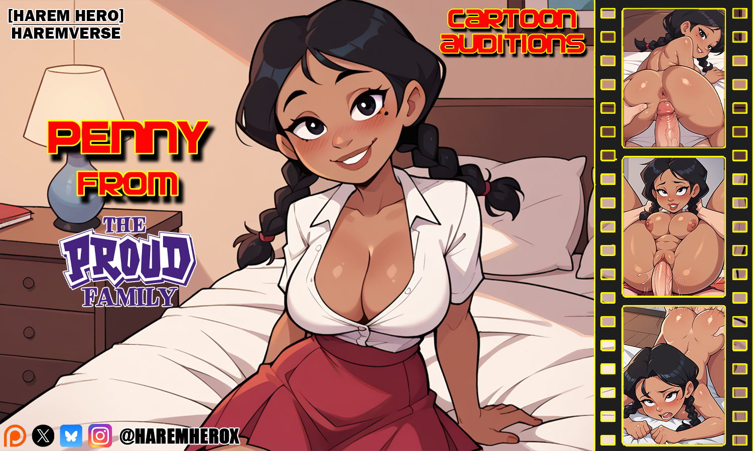 1boy, 1girls, ai generated, anus, ass, big breasts, black hair, blowjob, breasts, casting couch, cum, cum in pussy, cum inside, cum on breasts, cum on face, dark skin, dark-skinned female, disney, english text, female, full nelson, human, interracial, leg lift, looking at viewer, male, missionary position, nipples, paizuri, penis, penny proud, pov, pussy, sideways standing congress, smile, straight, text, the harem hero, the proud family, titjob, vaginal penetration