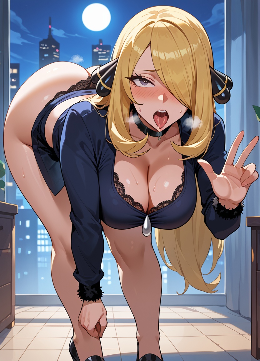 ai_generated bent_over big_ass blonde_hair city cleavage cynthia_(pokemon) large_ass large_breasts long_hair long_legs looking_at_viewer night open_mouth peace_sign pokemon tagme