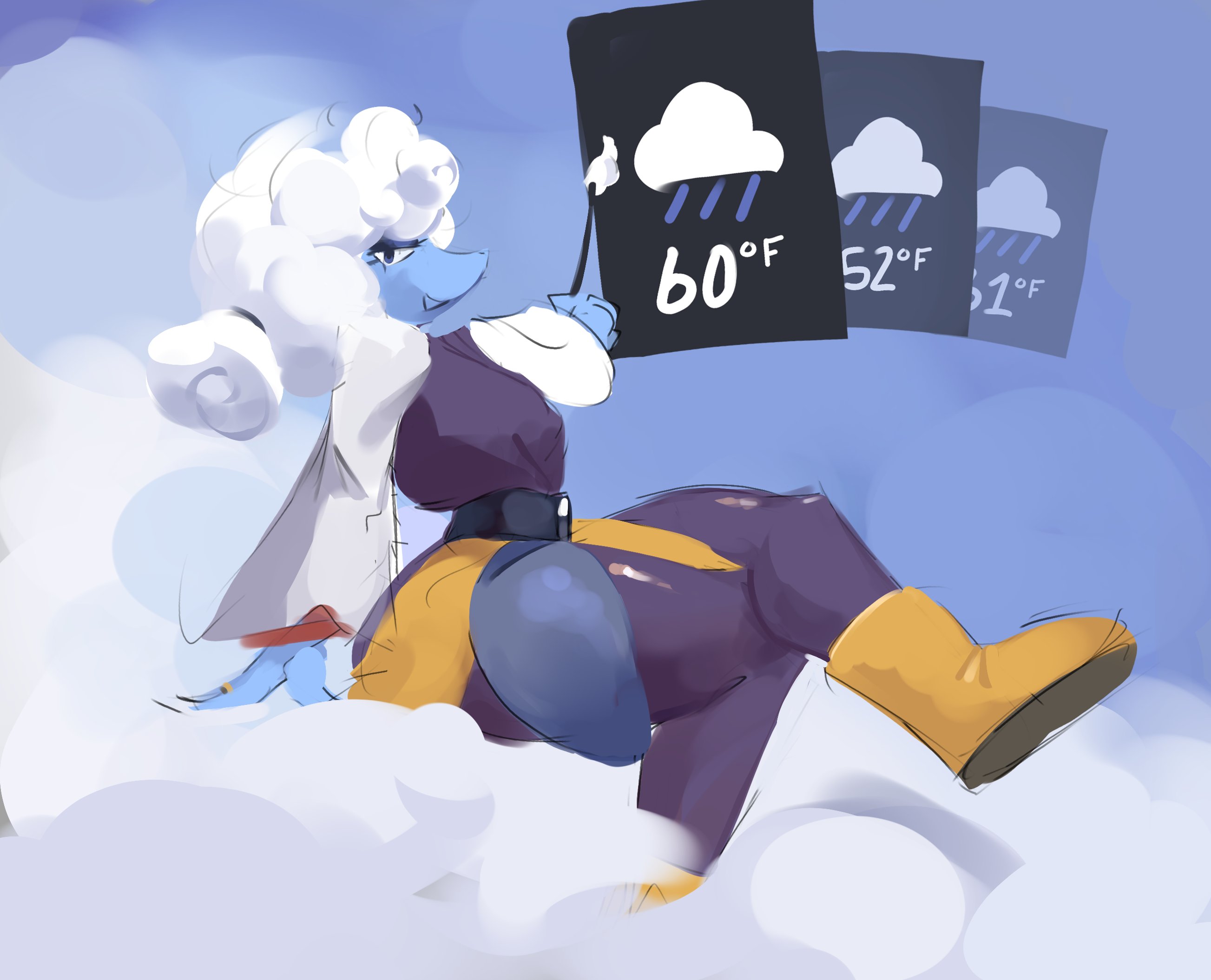 1girls, ass, big ass, clothed, clothed female, clothing, cloud, clouds, deltarune, deltarune chapter 3, ebbedrawin, elnina (deltarune), female, female only, looking at viewer, rainboots, ripped clothing, ripped stockings, sitting, solo, solo female, thick thighs, thighs, undertale (series), weather