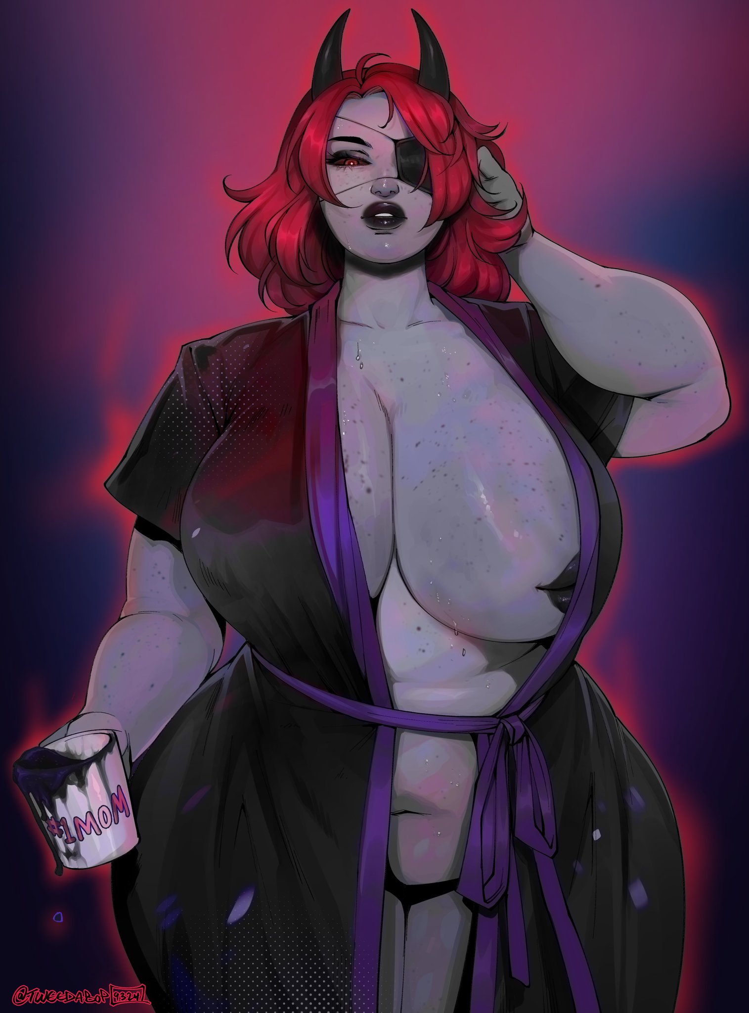 black lipstick, blue skin, breasts, chubby, chubby female, coffee, coffee mug, enormous breasts, eyepatch, female, horns, huge breasts, lipples, lipstick, looking down, nude underneath, partially clothed, red eyes, red hair, robe, solo female, solo focus, tweedabop, varya (thatmii), voluptuous, voluptuous female, wide hips