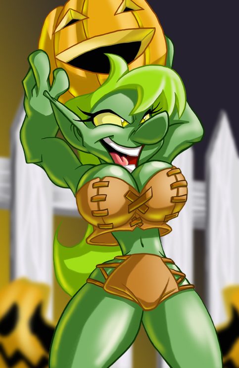 chadrocco female fence goblin goblin_female halloween jack-o-lantern monster monster_girl pumpkin