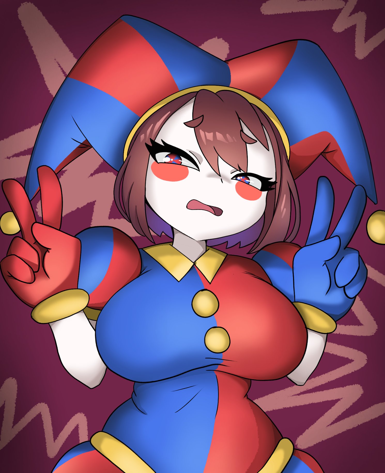 big breasts, big thighs, big titties, breasts, brown hair, clothing, clown, clown girl, curvaceous, curvaceous female, curvaceous figure, curvy, curvy figure, curvy hips, female, female focus, female only, glitch productions, hatzuhatzu, leotard, pomni (the amazing digital circus), short hair, the amazing digital circus, white skin