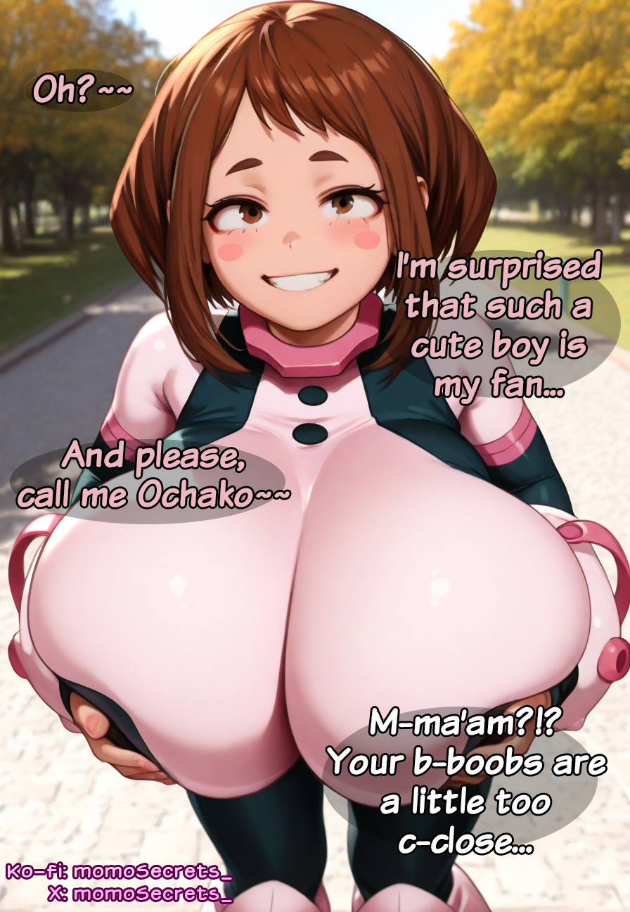 ai generated, boku no hero academia, breasts, breasts bigger than head, brown eyes, brown hair, comic, comic page, day, female, giant breasts, holding breast, huge breasts, ko-fi username, looking at viewer, momosecrets , my hero academia, ochako uraraka, ochako uraraka (hero outfit), older female, outdoors, short hair, smiling, squeezing breast, standing, text, text bubble, twitter username, uraraka ochako, uraraka ochako (hero outfit), uravity, watermark