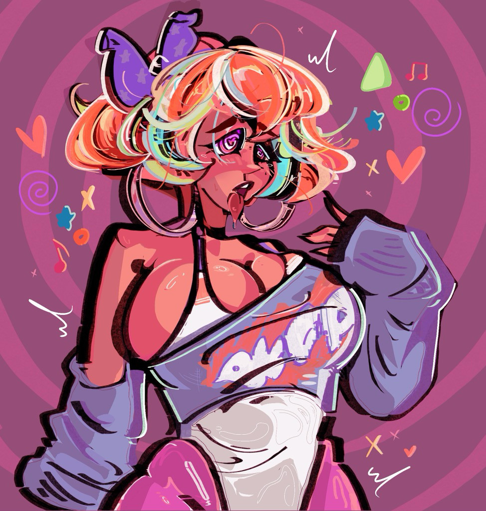1girls, 2025, 80's theme, big breasts, bow, breasts, commission, digital media (artwork), drooling, earrings, female, fully clothed, hair highlights, heart-shaped pupils, hi res, hololive, hololive english, hololive myth, huge breasts, hypnosis, leotard, loose clothes, orange hair, peachtreelewds, simple background, solo, solo female, spiral background, spiral eyes, takanashi kiara, tongue, tongue out, virtual youtuber, vtuber, workout clothes