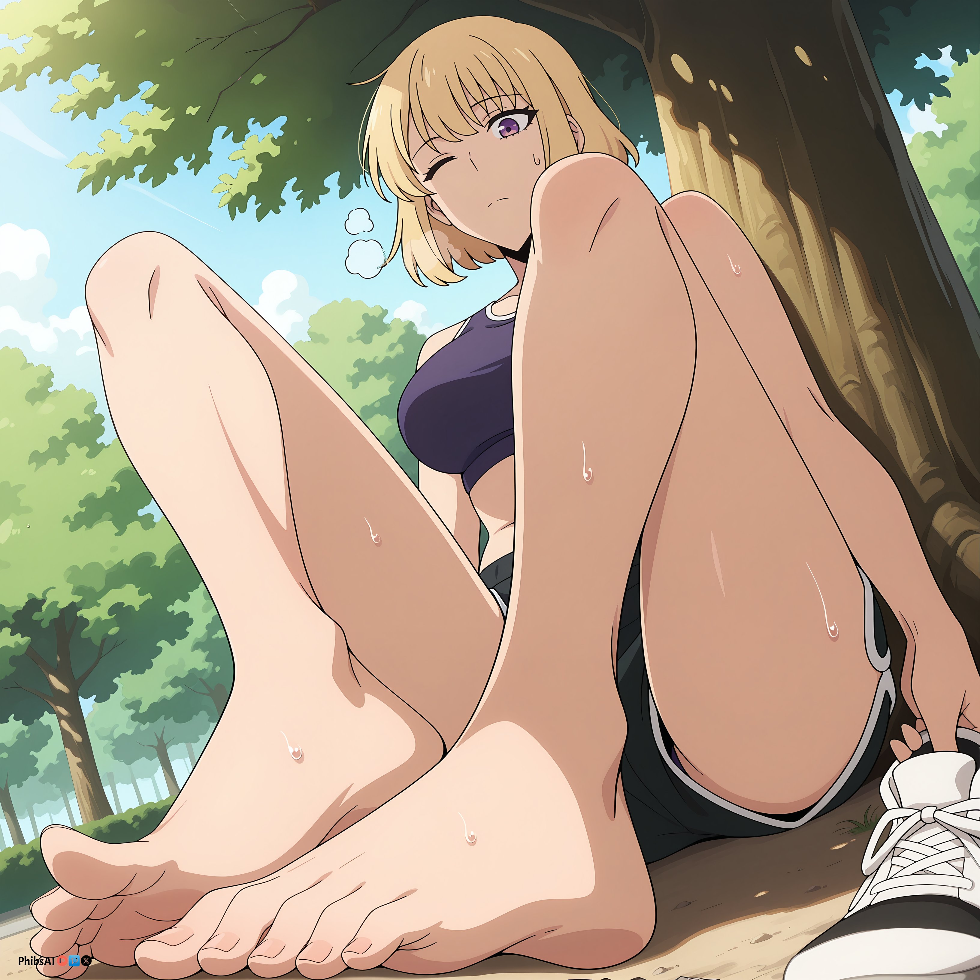 against tree, ai generated, bangs, bare legs, bare shoulders, barefoot, blonde hair, blue sky, blush, breasts, bush, cha hae in, closed mouth, cloud, day, eyebrows visible through hair, feet, female, foot focus, foreshortening, forest, from below, knees up, large breasts, legs, looking at viewer, midriff, nature, one eye closed, outdoors, panties, panty peek, phibsai, purple eyes, shoes, short hair, short shorts, shorts, sitting, sky, sleeveless, sneakers, soles, solo, solo leveling, sports bra, sweat, toes, tree, underwear, white panties