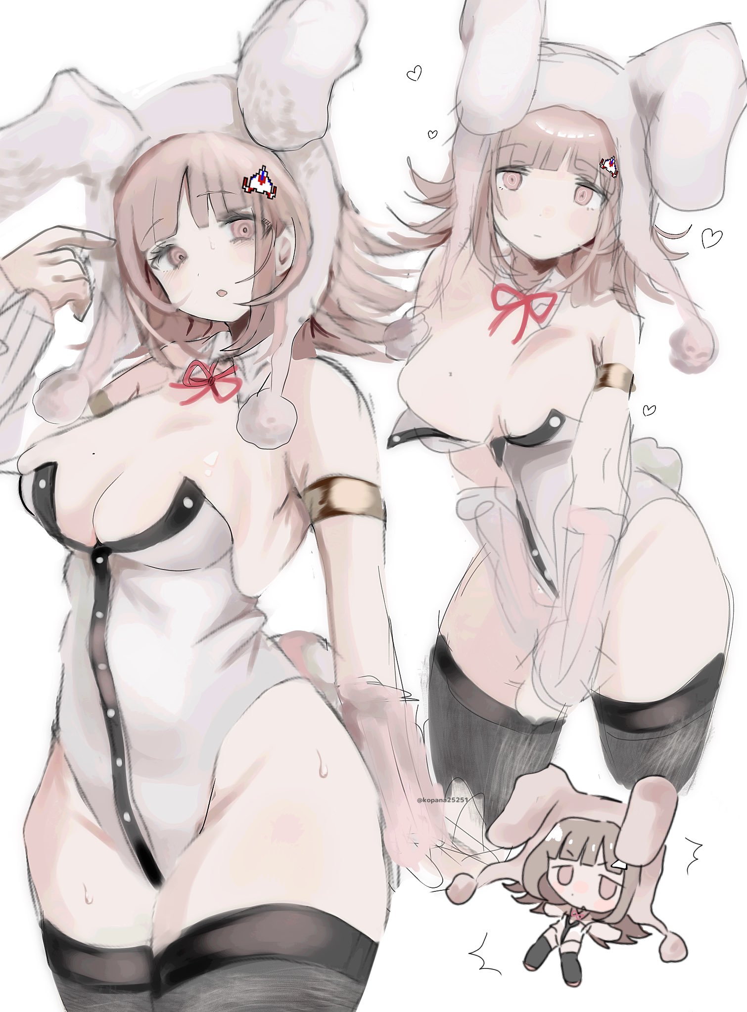 animal ears, animal hood, bare shoulders, black leotard, black thighhighs, breasts, brown hair, cleavage, danganronpa, danganronpa (series), detached collar, fake animal ears, female, female only, grey leotard, hair ornament, highres, hood, ikemen'na ore-shi, large breasts, leotard, medium hair, mole, mole on breast, multiple views, nanami chiaki, neck ribbon, pink ribbon, rabbit ears, rabbit hood, ribbon, shiny skin, simple background, stockings