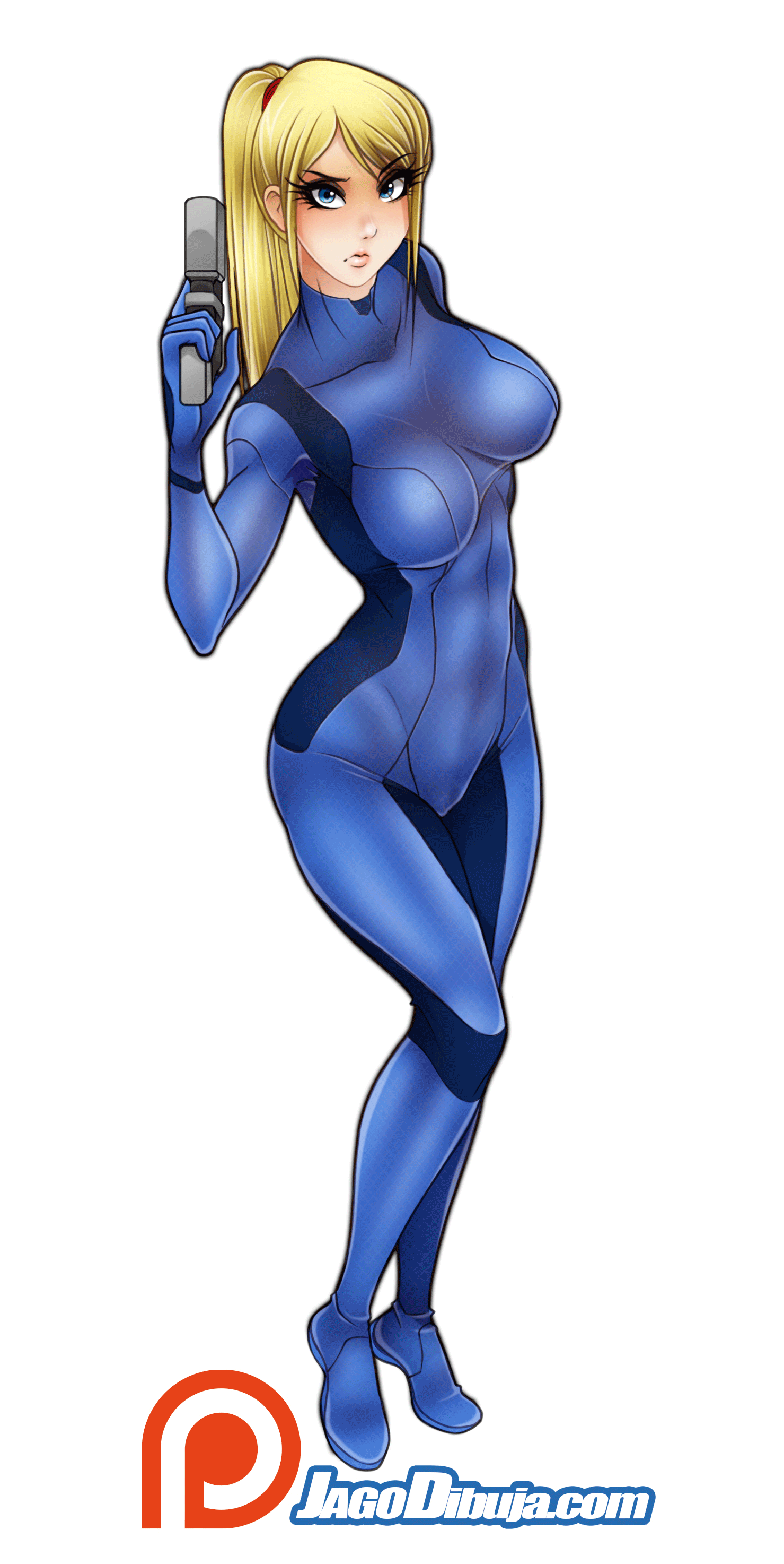 animated, blonde hair, blue eyes, bodysuit, female, gun, jago dibuja, looking at viewer, metroid, mole, nintendo, ponytail, samus aran, sidelocks, weapon, zero suit