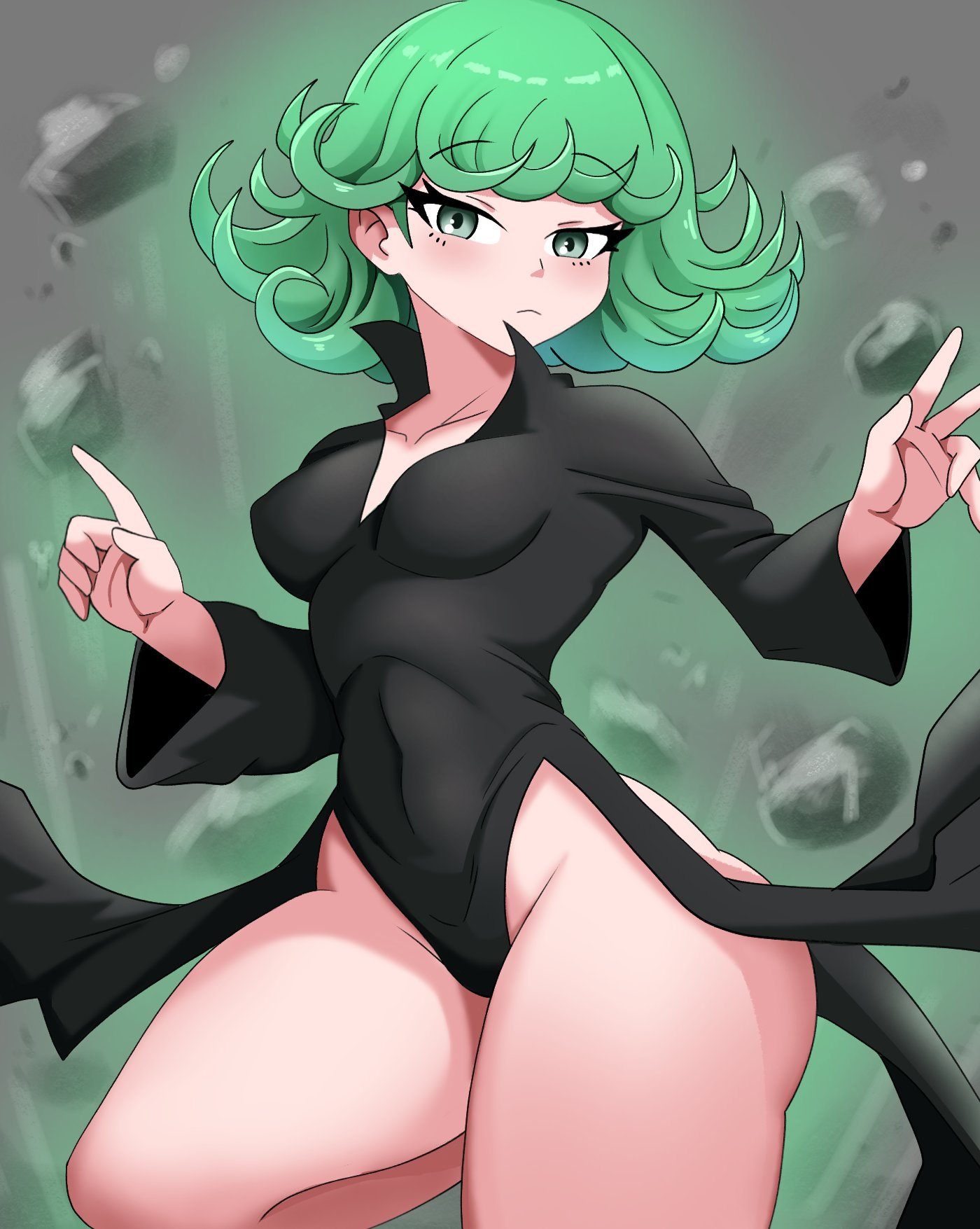 ass, big thighs, breasts, curvaceous, curvaceous female, curvaceous figure, curvy, curvy figure, curvy hips, fat ass, female, female only, green hair, hatzuhatzu, looking at viewer, one-punch man, short hair, shortstack, solo, solo female, tatsumaki