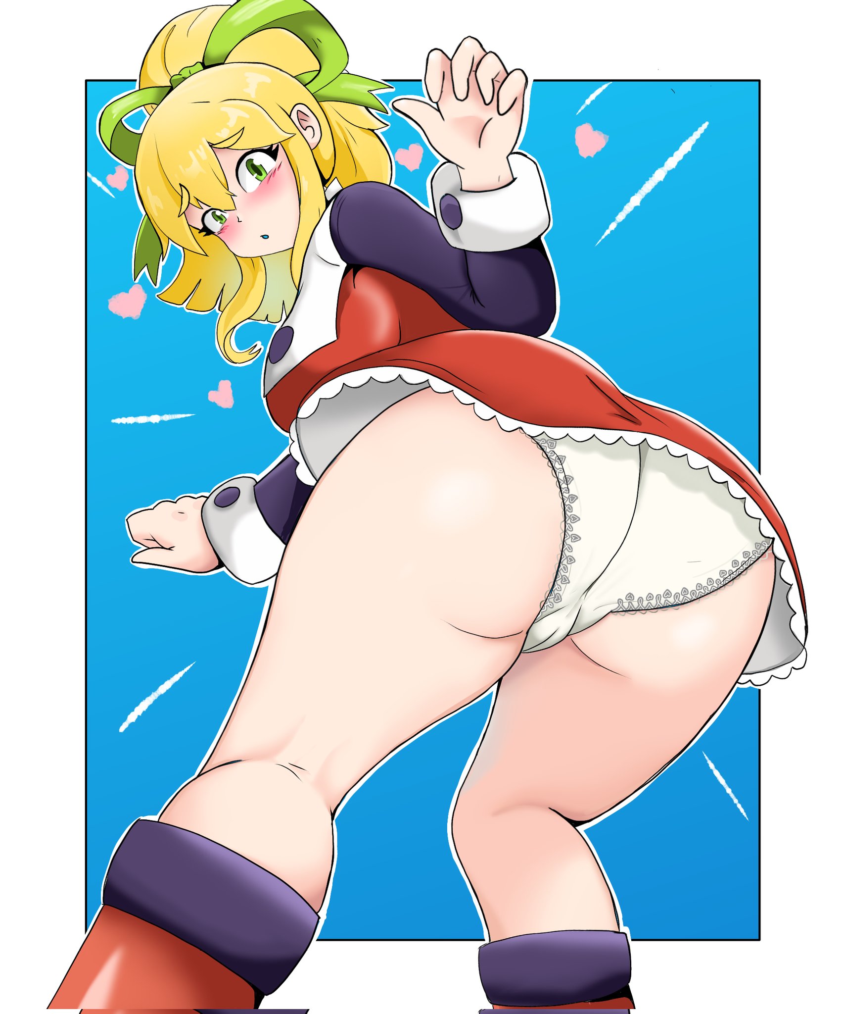 ass, back view, big ass, big breasts, big butt, big thighs, big titties, breasts, curvaceous, curvaceous female, curvaceous figure, curvy, curvy figure, curvy hips, fat ass, female, female focus, female only, hatzuhatzu, long hair, mega man, panties, pantyshot, robot, robot girl, roll, thick thighs, thighs, underwear, upskirt, white panties, wide hips, yellow hair