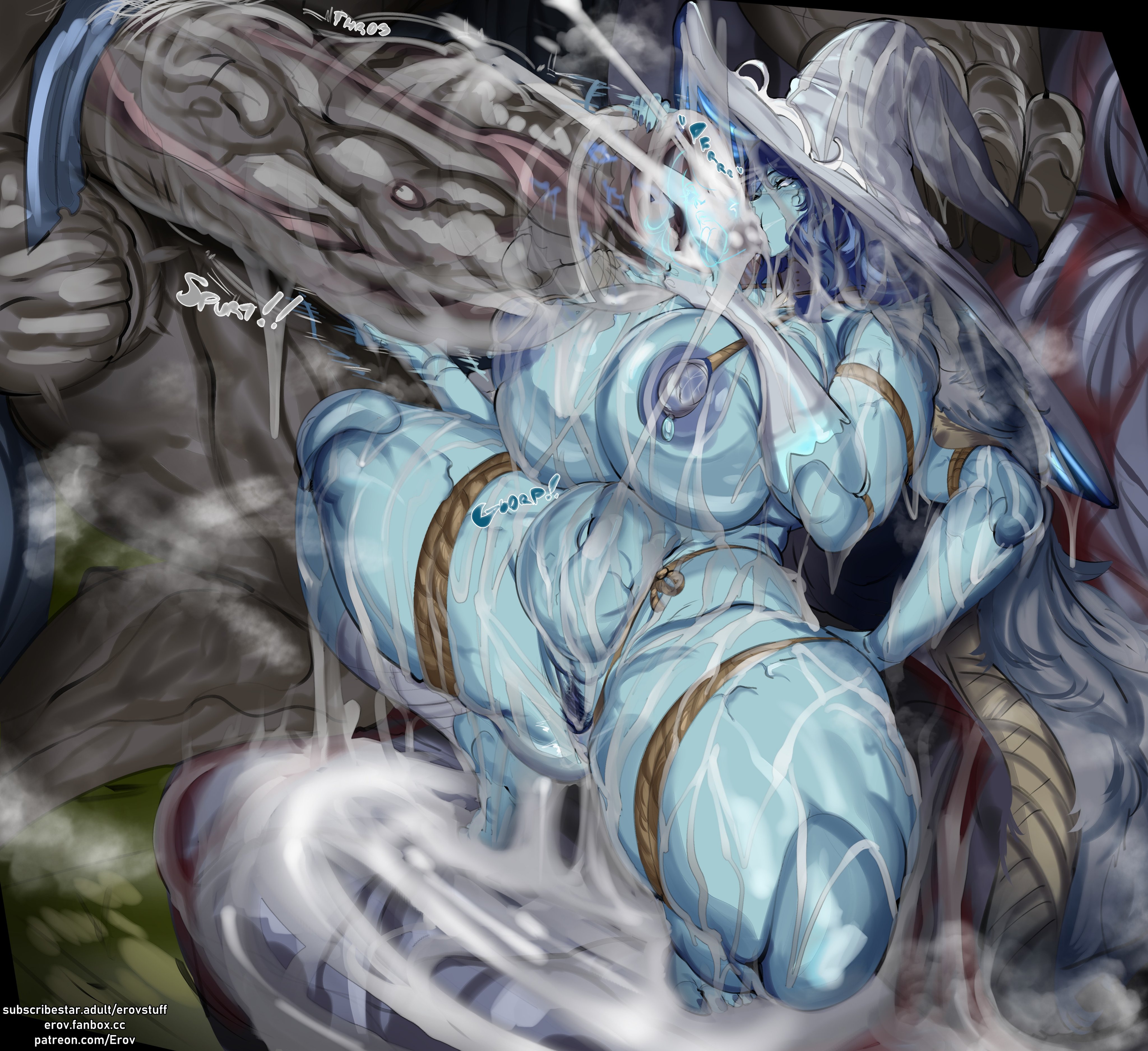 breasts, cock worship, cumflation, elden ring, erovsaaaka, female, fromsoftware, hyper breasts, hyper penis, male, penis, ranni the witch, stomach bulge, war counselor iji