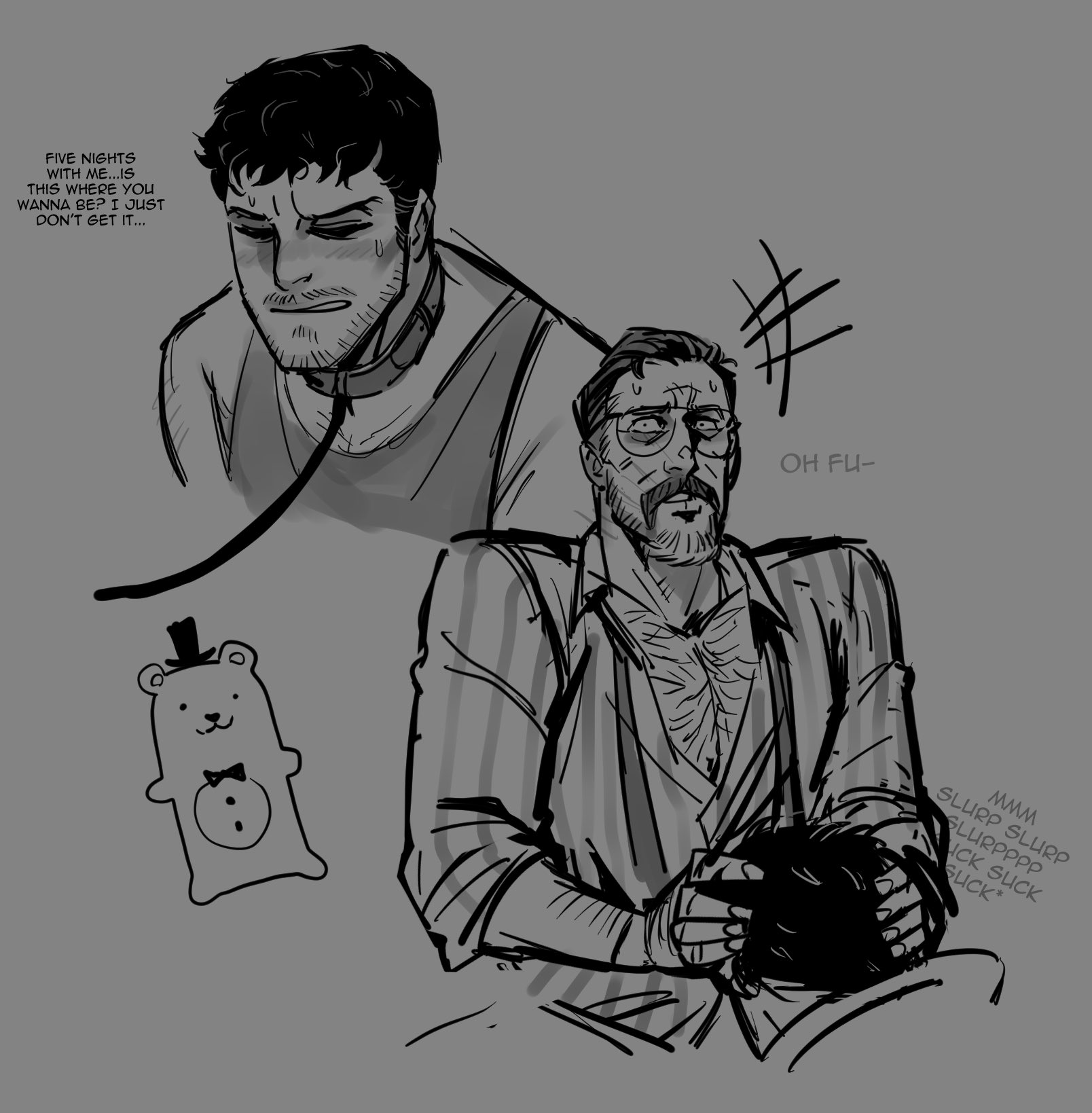2boys, age difference, arm hair, bara, beard, black hair, blowjob, bottomless, caught, chest hair, collar, daddy, dialogue, dilf, english text, facial hair, fellatio, five nights at freddy's, five nights at freddy's (film), freddy (fnaf), fully clothed, funny, gay, glassed, glasses, hands on head, human, josh hutcherson, leash, leash and collar, male, male only, mike schmidt, mike schmidt (fnaf), monochrome, mustache, necktie, no visible genitalia, onomatopoeia, oral, oral sex, revealyoursins, shirt, singing, slurping, text, william afton, william afton (film), yaoi
