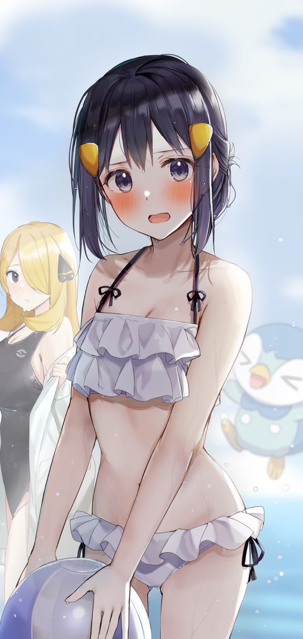 bare arms, bare belly, bare legs, bare shoulders, bare thighs, big breasts, bikini, black eyes, black one-piece swimsuit, blonde hair, blue eyes, blue hair, breasts, cleavage, collarbone, cynthia (pokemon), dawn (pokemon), female, frilled bikini, hair over one eye, hairclip, long hair, medium hair, ocean, one-piece swimsuit, parted lips, pokemon, rouka (akatyann), side-tie bikini bottom, small breasts, swimsuit, thighs, wading, wet body, wet hair, white bikini
