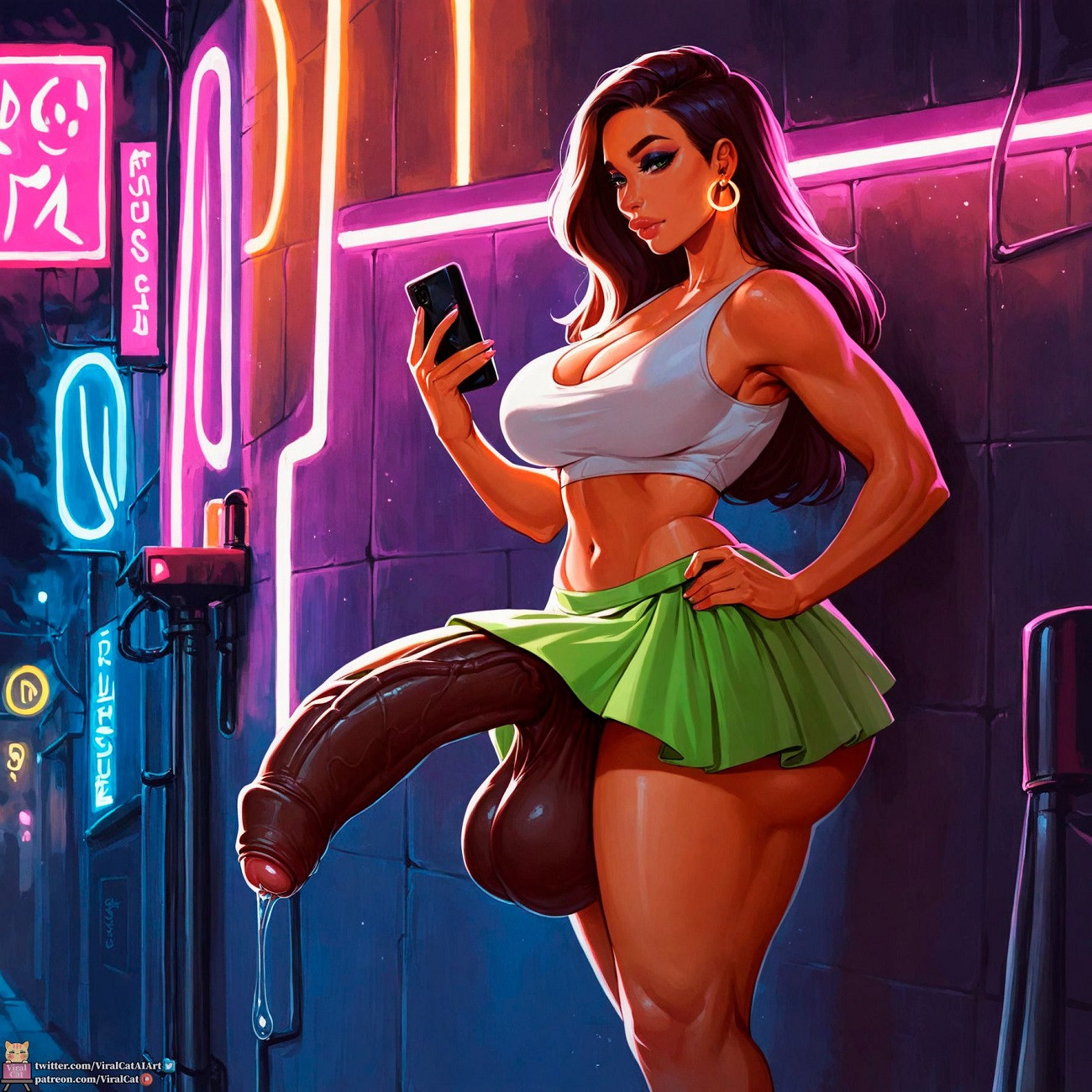 1futa, ai generated, ass, bimbo lips, breasts, brown hair, dark penis, dark-skinned futa, earrings, foreskin, futa focus, futa only, futanari, holding object, holding phone, large breasts, large penis, large testicles, long hair, looking at viewer, makeup, navel, precum, precum drip, precum string, prostitute, prostitution, skirt, solo, street, tank top, testicles, thick thighs, uncircumcised, uncircumcised futa, uncircumcised penis, veiny penis, viralcat