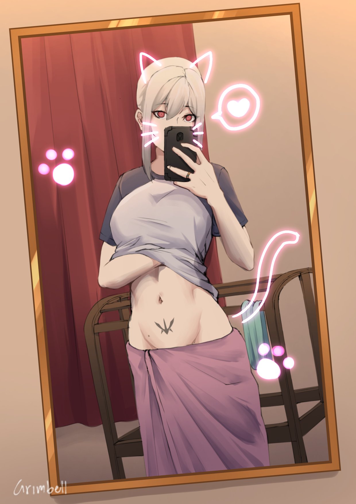 animal_ears blonde_hair breasts cat_ears cat_tail cellphone clothes_lift face_filter female female_pov grimbell heart highres jewelry large_breasts lifting_own_clothes mirror mirror_selfie mole mole_on_stomach navel no_panties original phone pov pubic_tattoo red_eyes reflection reflection_focus ring selfie shirt shirt_lift short_sleeves smartphone solo spoken_heart stomach t-shirt tail tattoo towel towel_around_waist two-tone_shirt