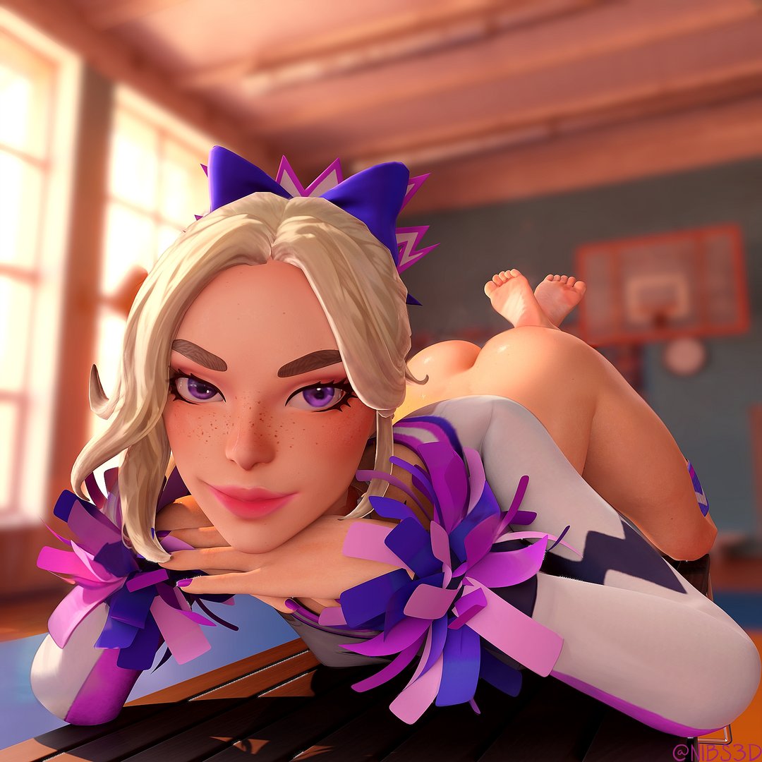 1girls, 3d, ass, bench, blonde female, blonde hair, cheerleader, feet, female, fortnite, fortnite: battle royale, haylee skye (fortnite), light skin, light-skinned female, looking at viewer, lying on stomach, nibs3d, no panties, on bench, on stomach, skirt, skirt lift, solo, solo female, tagme