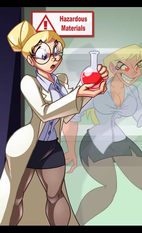 blonde_hair blue_eyes chadrocco concerned doctor_jekyll_and_mister_hyde dual_persona evil_smile female glasses hair_down hairbun halloween human labcoat monster monster_girl potion red_eyes rule_63 scientist sharp_teeth skirt smile smirk split_personality