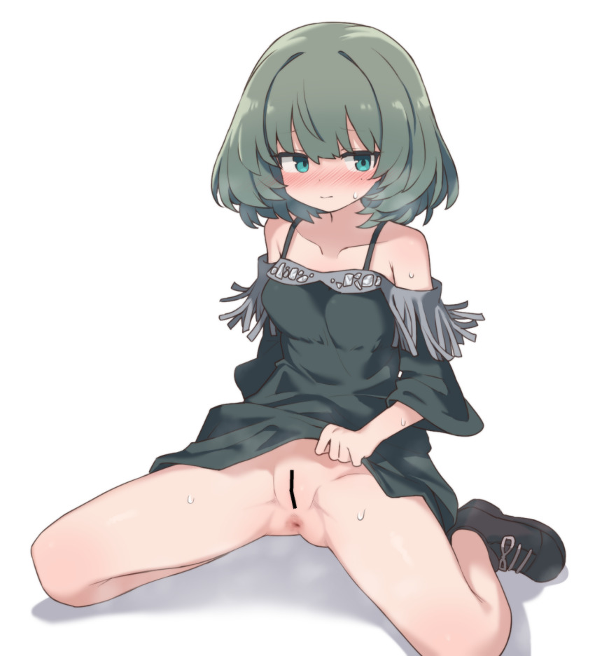 aku0, anus, aqua eyes, bar censor, bare shoulders, black dress, black shoes, blush, censored, closed mouth, dress, female, green hair, highres, idolmaster, idolmaster cinderella girls, idolmaster cinderella girls starlight stage, looking to the side, medium hair, off shoulder, off-shoulder dress, shoes, simple background, sitting, solo, sweat, takagaki kaede, white background