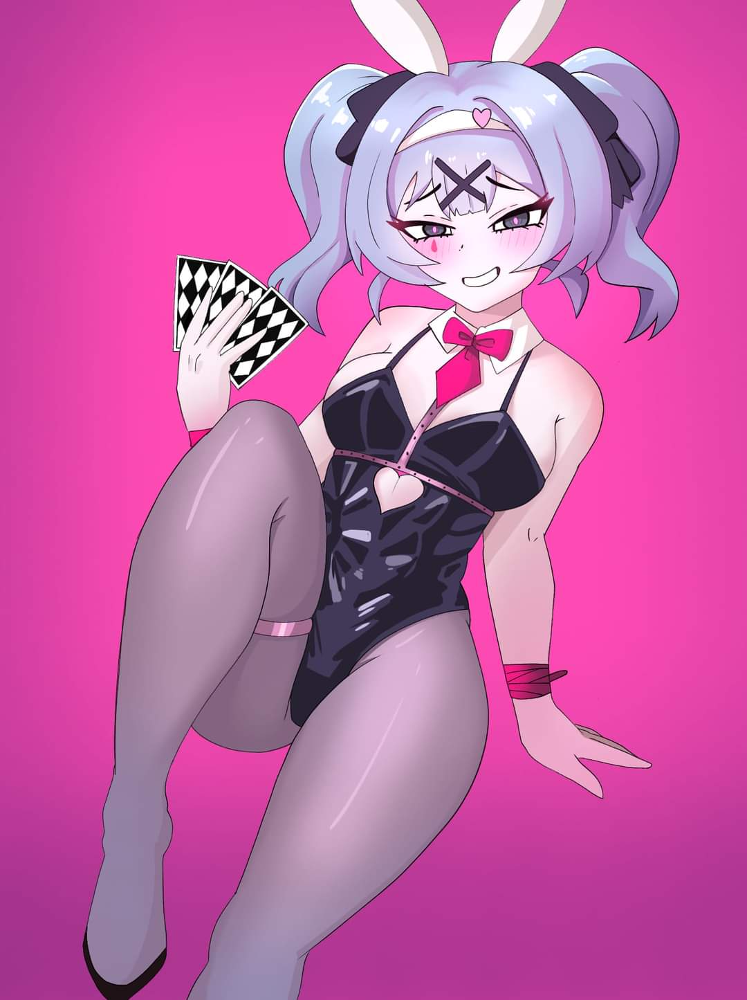 1girl, animal ears, ass, bangs, big ass, big butt, big thighs, black leotard, blue hair, blush, bow, breasts, bunny ears, bunny girl, bunny girl suit, bunnysuit, card, clothing cutout, curvaceous, curvaceous female, curvaceous figure, curvy, curvy figure, curvy hips, female, female focus, female only, hatsune miku, hatzuhatzu, heart, holding, holding card, leotard, looking at viewer, medium breasts, pantyhose, playboy bunny, rabbit ears, rabbit hole (vocaloid), short hair, smile, solo, thigh strap, twintails, virtual youtuber, vocaloid