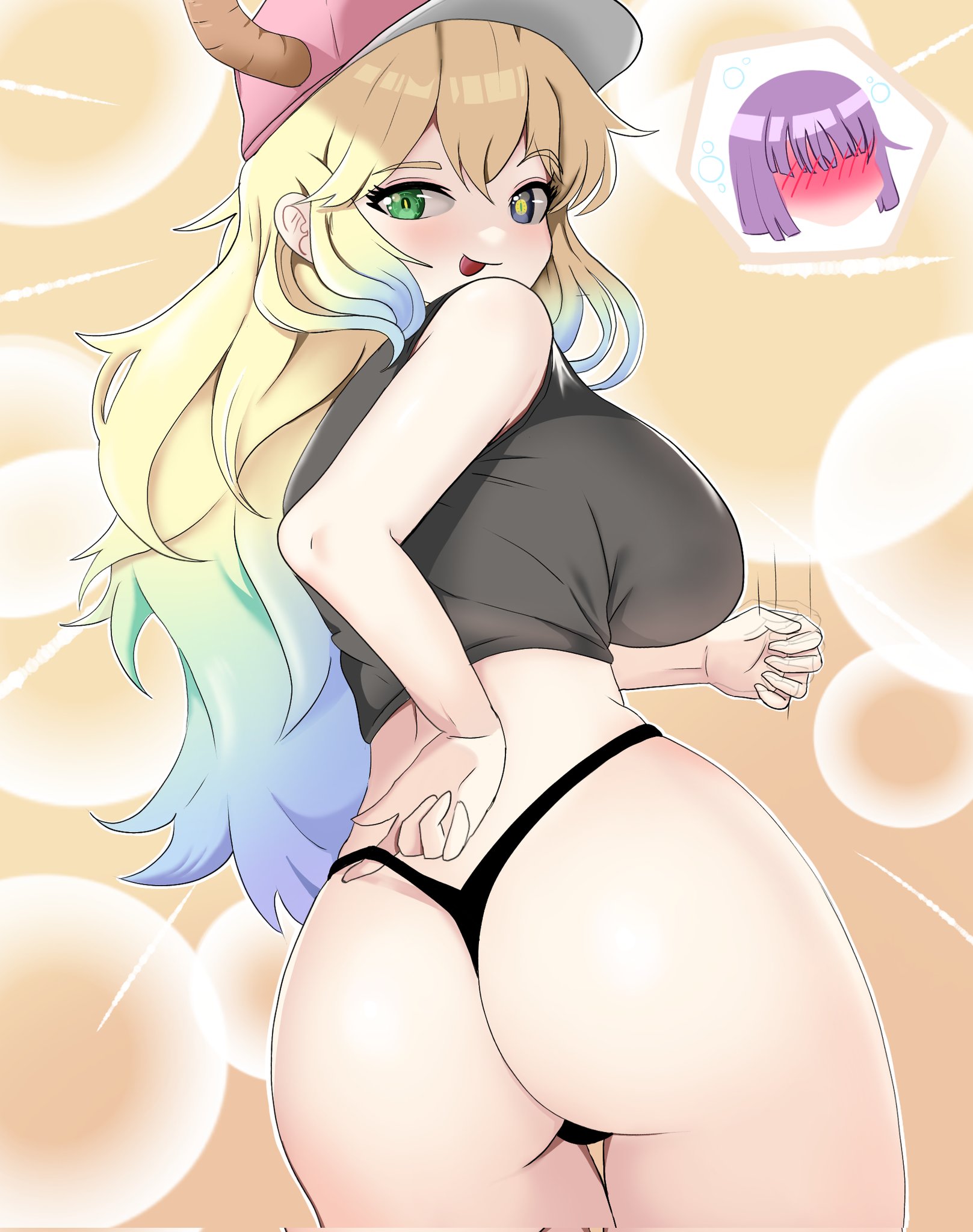 ass, back view, big ass, big breasts, big butt, big thighs, breasts, curvaceous, curvaceous female, curvaceous figure, curvy, curvy figure, curvy hips, female, female focus, female only, hatzuhatzu, long hair, looking at viewer, lucoa, lucoa (maidragon), magatsuchi shouta, miss kobayashi's dragon maid, multicolored hair, quetzalcoatl (dragon maid), yellow hair