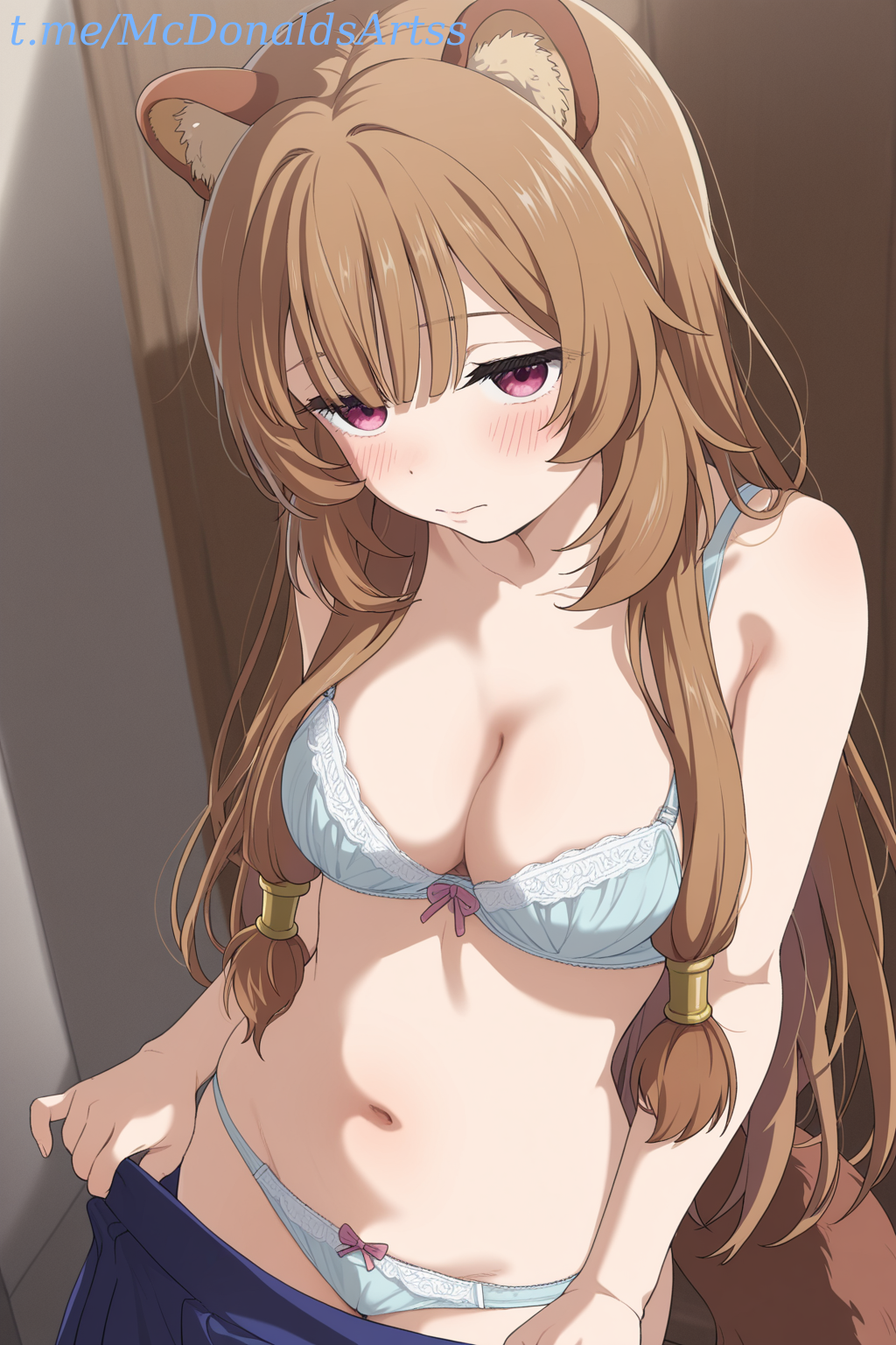 1female 1girl 1girls ai_generated animal_ear_fluff animal_ears blue_bra blue_panties blue_skirt blush bow bow_bra bow_panties bra breasts brown_hair cleavage closed_mouth collarbone commentary_request female female_focus female_solo hair_tubes indoors long_hair looking_at_viewer medium_breasts navel panties raccoon_ears raccoon_girl raccoon_tail raphtalia red_eyes skirt solo stable_diffusion stomach tail tate_no_yuusha_no_nariagari the_rising_of_the_shield_hero underwear undressing zelanell
