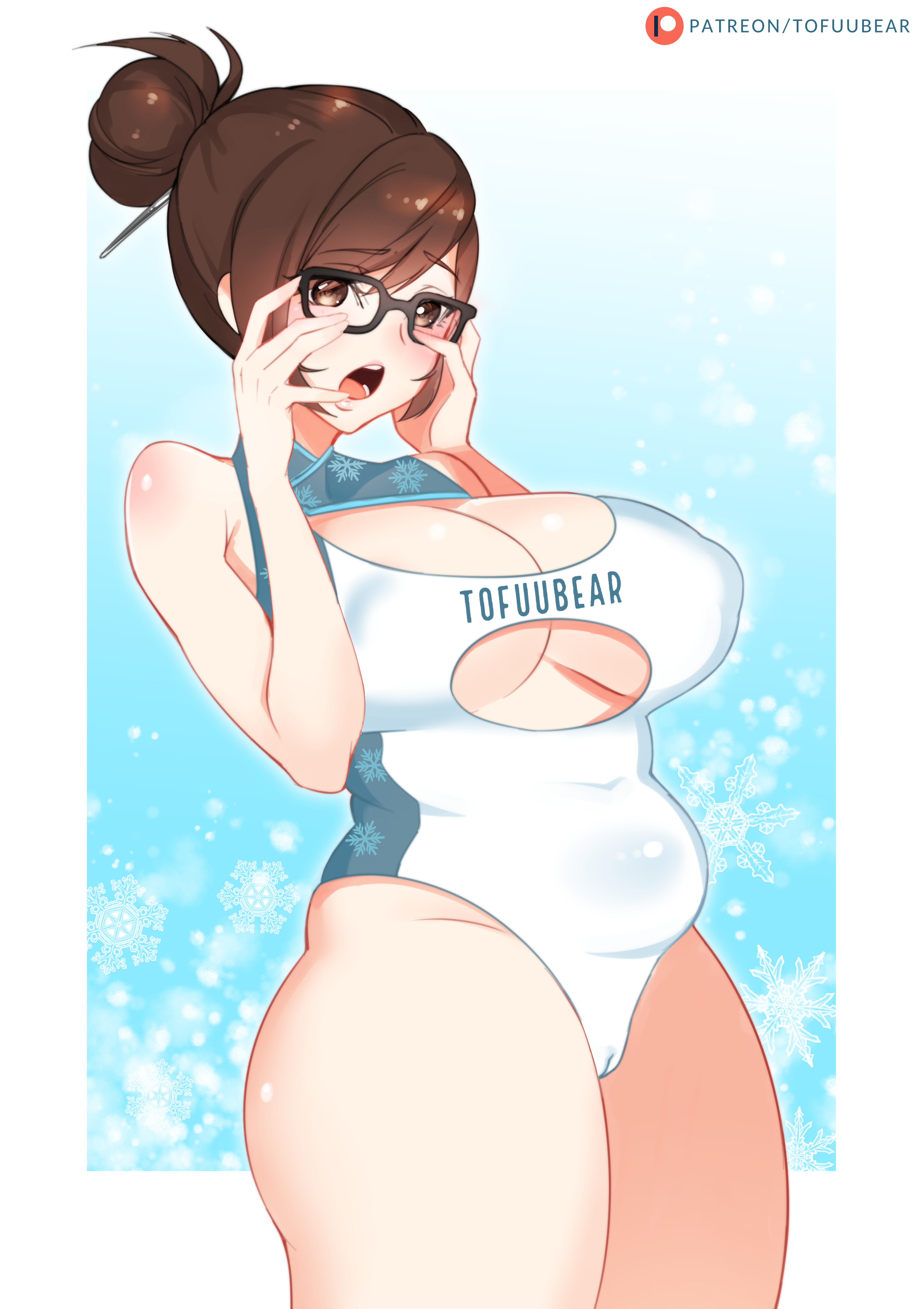big breasts, blizzard entertainment, breasts, chubby, cleavage cutout, curvy, eyewear, female, female only, glasses, hair bun, large breasts, looking at viewer, mei (overwatch), overwatch, patreon username, pussy, solo, swimsuit, thick thighs, tofuubear