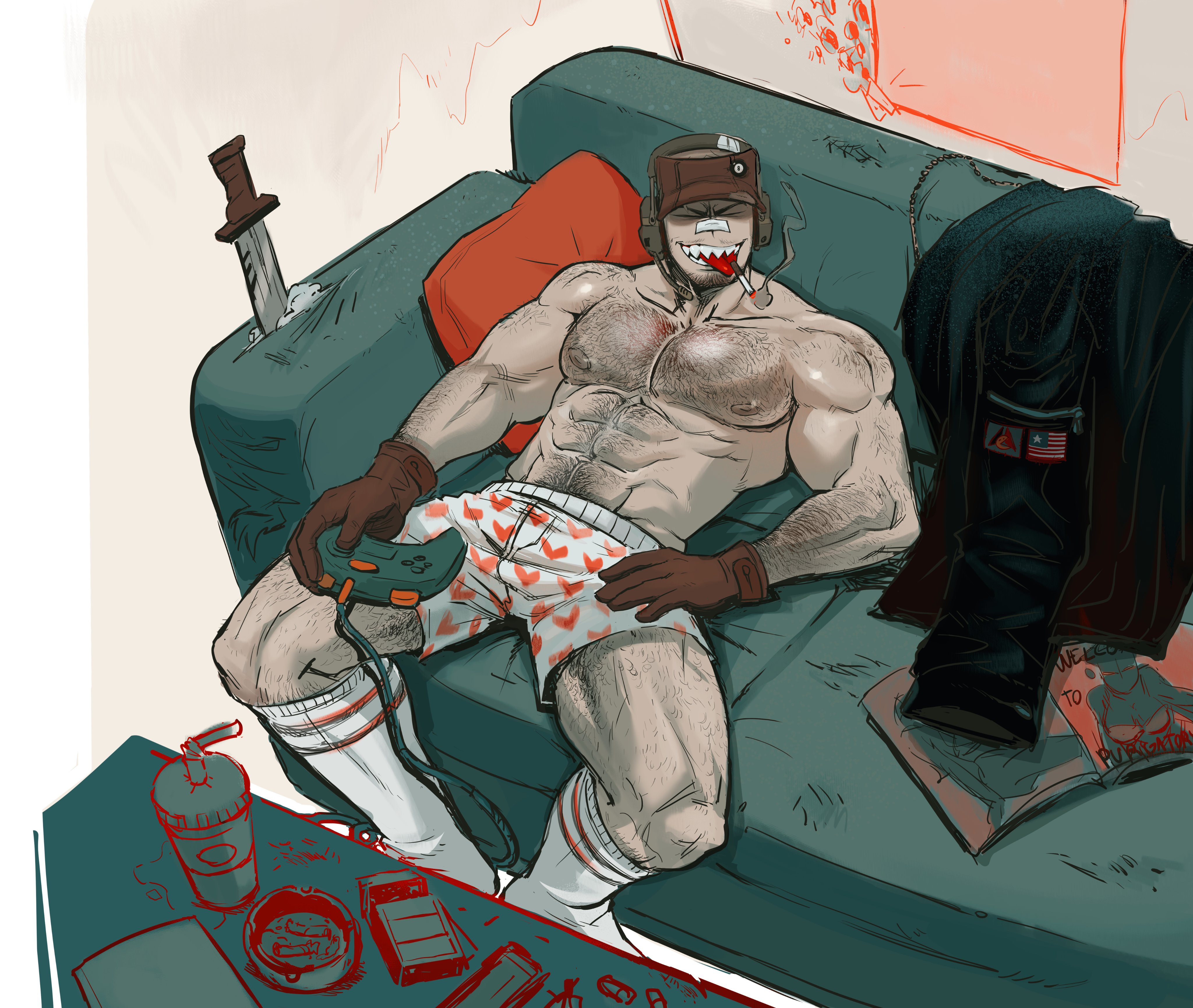 1boy, 2d, abs, alternate version at source, alternate version available, bara, big muscles, deimos, deimos (madness combat), hair, happy trail, heart underwear, human, leixo mc, living room, madness combat, male, muscles, muscular, muscular male, pecs, pinup, smoking, tongue, tongue out, trans man, transmasc, yaoi